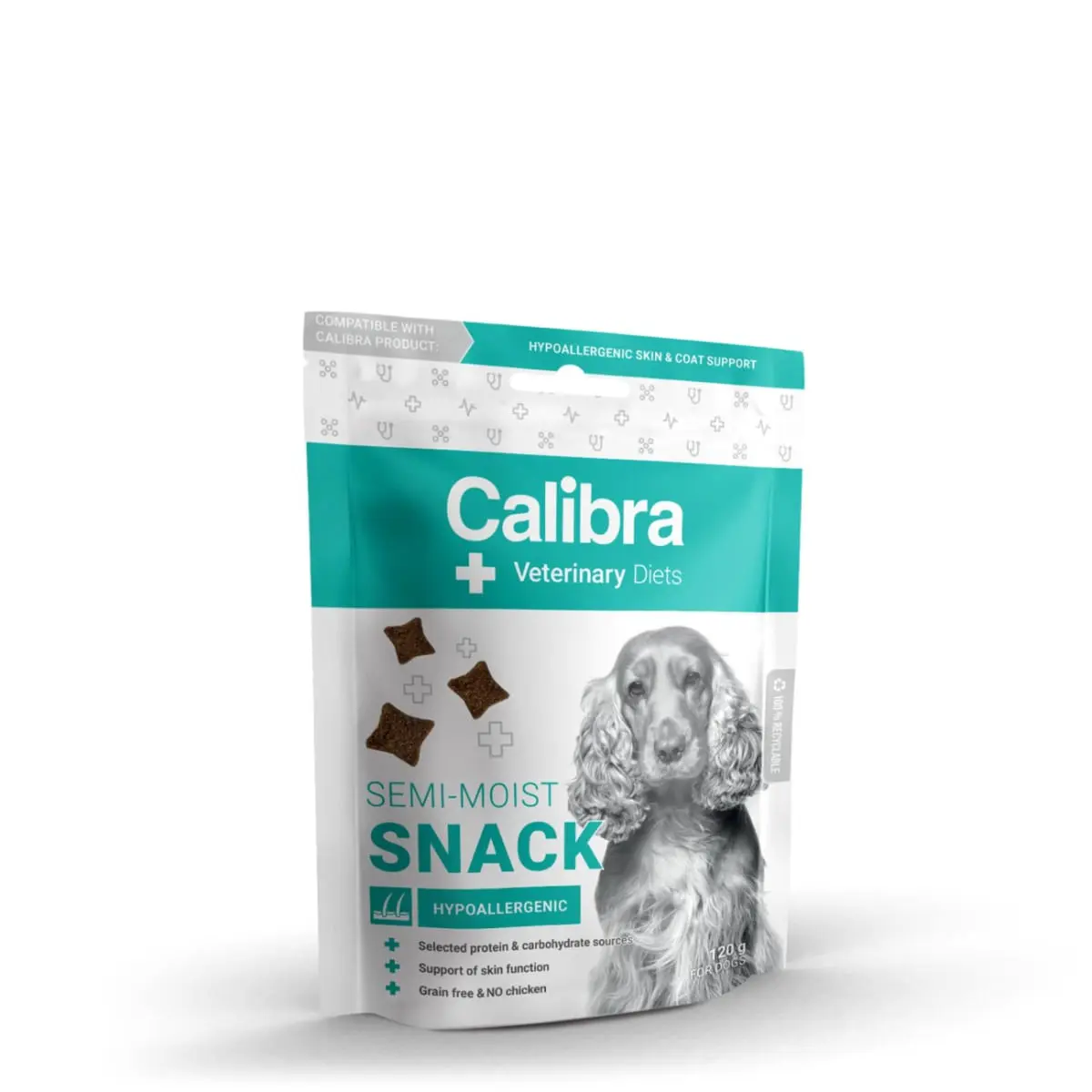 CALIBRA Veterinary Diets Snack Hypoallergenic, XS-XL, Somon, punguta recompense functionale fara cereale caini, alergii, 120g