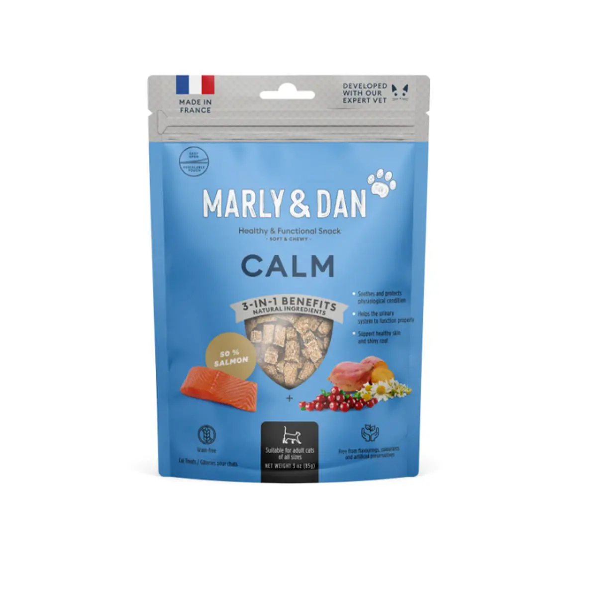 MARLY&DAN Calme, Somon, punguta recompense functionale fara cereale pisici, sistem nervos & calmante, 40g