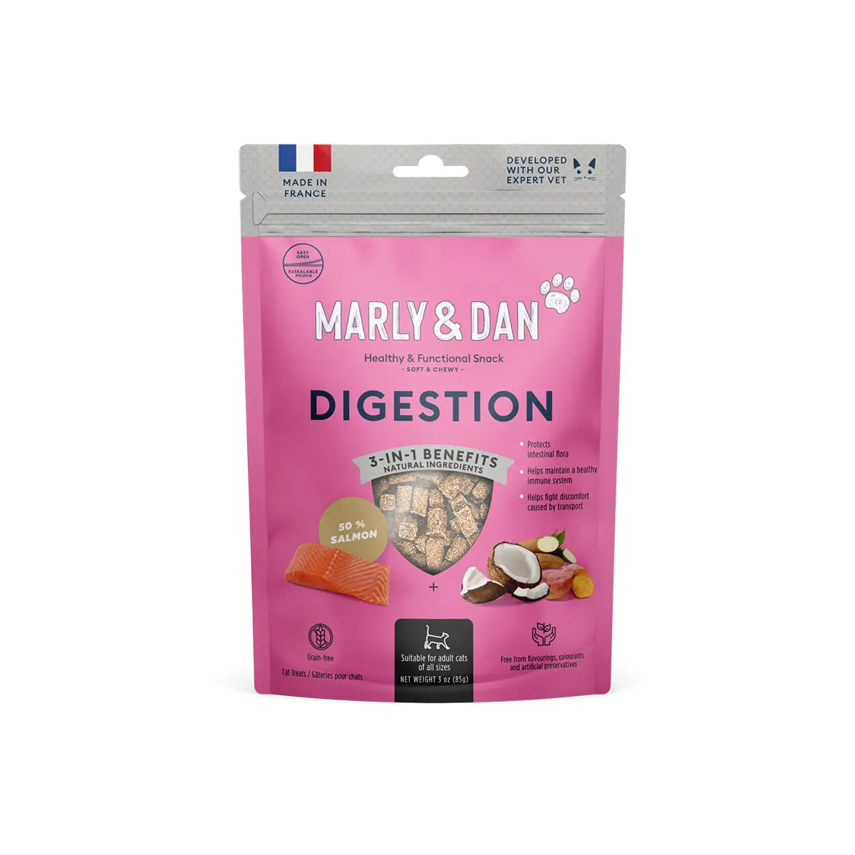 MARLY&DAN Digestion, Somon, punguta recompense functionale fara cereale pisici, sistem digestiv, 40g - Image 2
