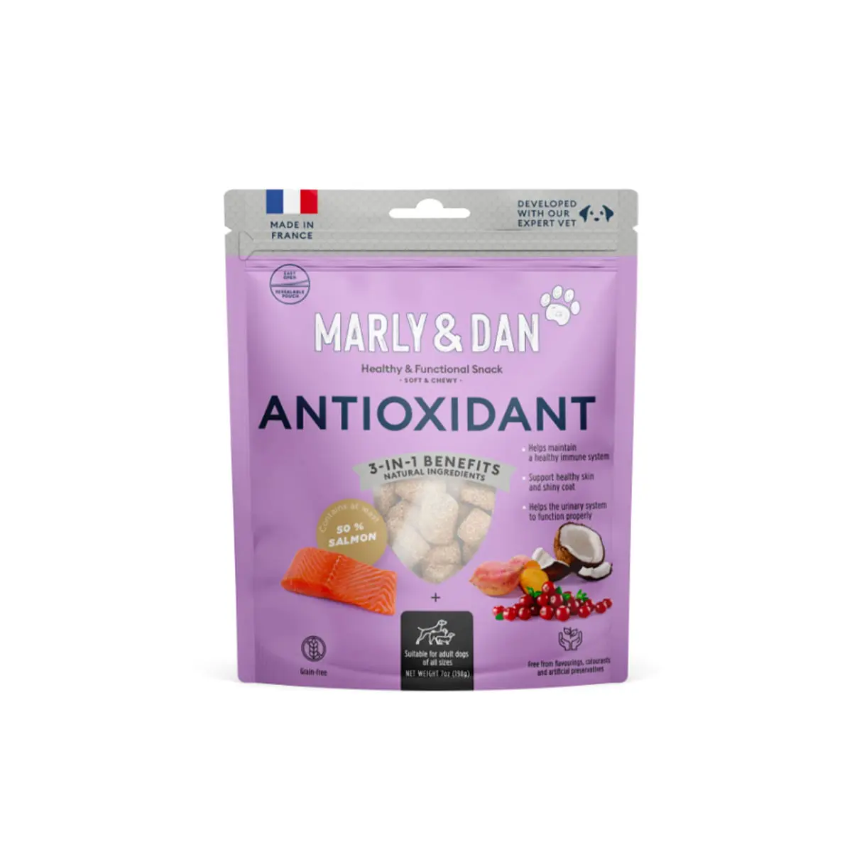 MARLY&DAN Antioxidant, XS-XL, Somon, punguta recompense functionale fara cereale caini, activitate intensa, 100g