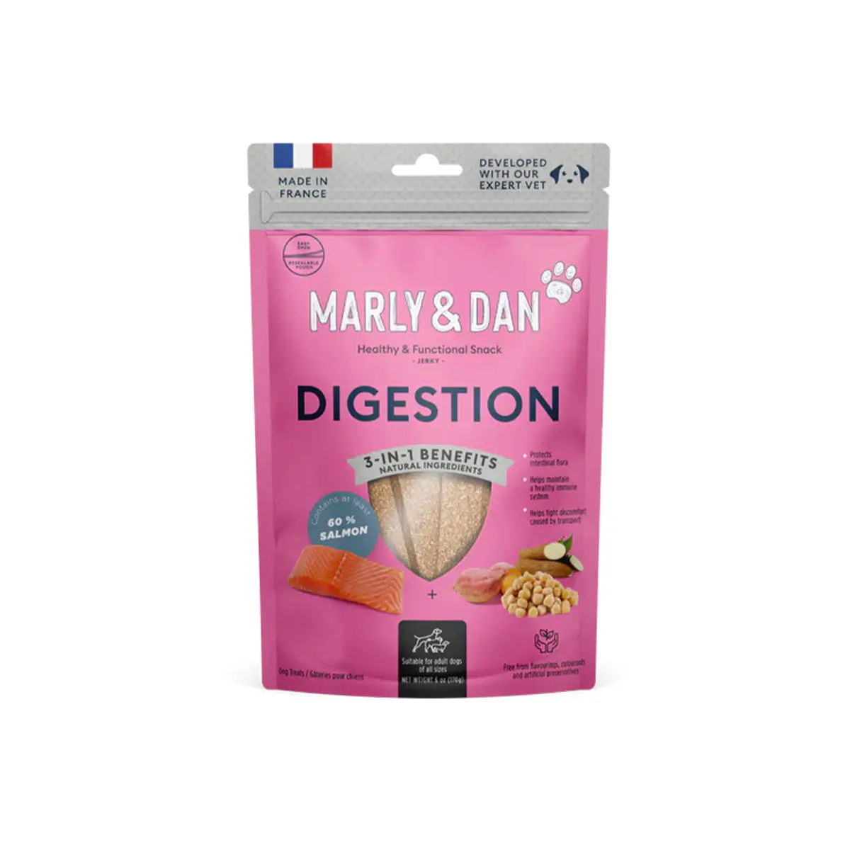 MARLY&DAN Digestion, M-XL, Somon, punguta recompense functionale fara cereale caini, sistem digestiv, 80g