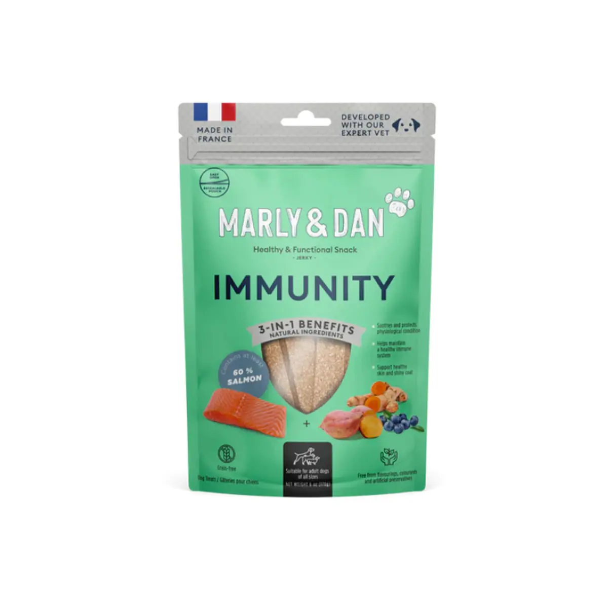 MARLY&DAN Immunity, XS-XL, Somon, punguta recompense functionale fara cereale caini, sistem imunitar, 80g