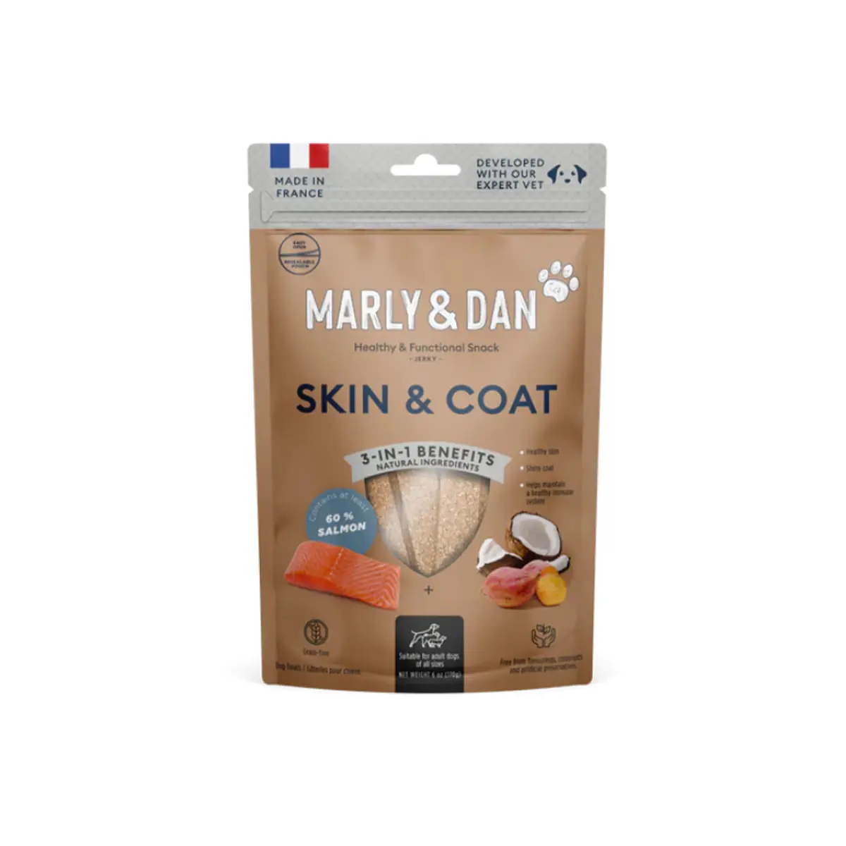 MARLY&DAN Skin&Coat, XS-XL, Somon, punguta recompense functionale fara cereale caini, piele & blana, 80g - Image 2