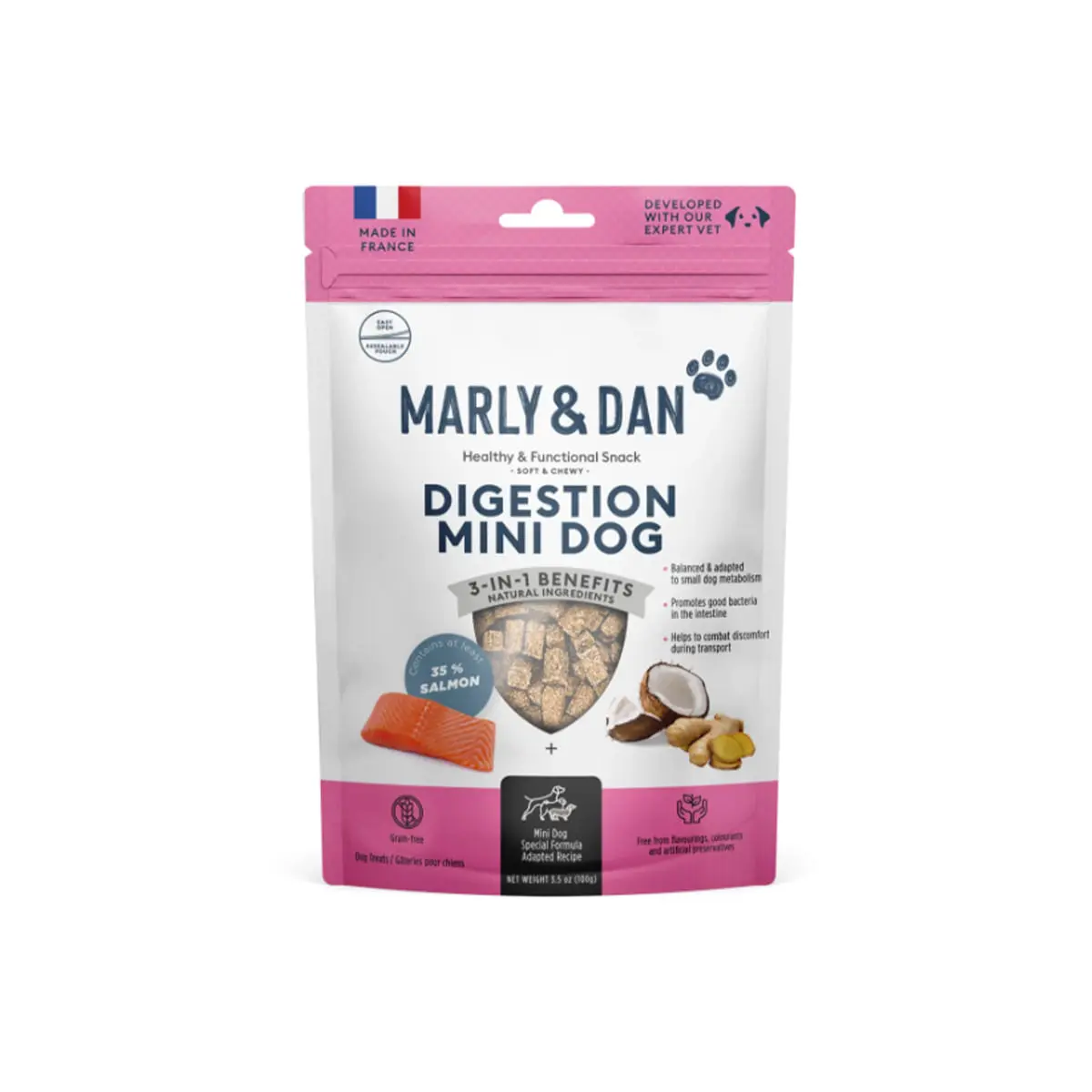 MARLY&DAN Digestion Mini Dog, XS-S, Somon, punguta recompense functionale fara cereale caini, sistem digestiv, 50g
