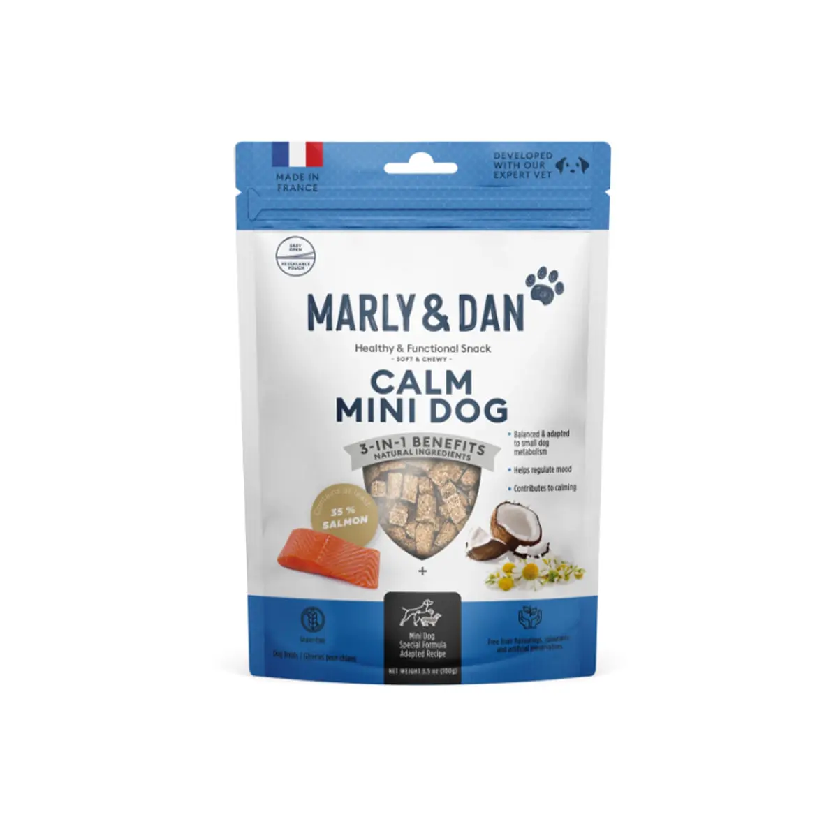 MARLY&DAN Calme Mini Dog, XS-S, Somon, punguta recompense functionale fara cereale caini, sistem nervos & calmante, 50g - Image 2