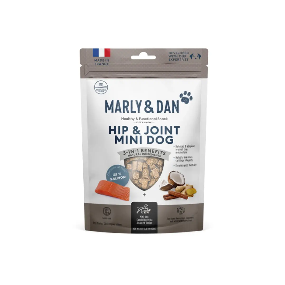 MARLY&DAN Hip&Joint Mini Dog, XS-S, Somon, punguta recompense functionale fara cereale caini, sistem articular, 50g