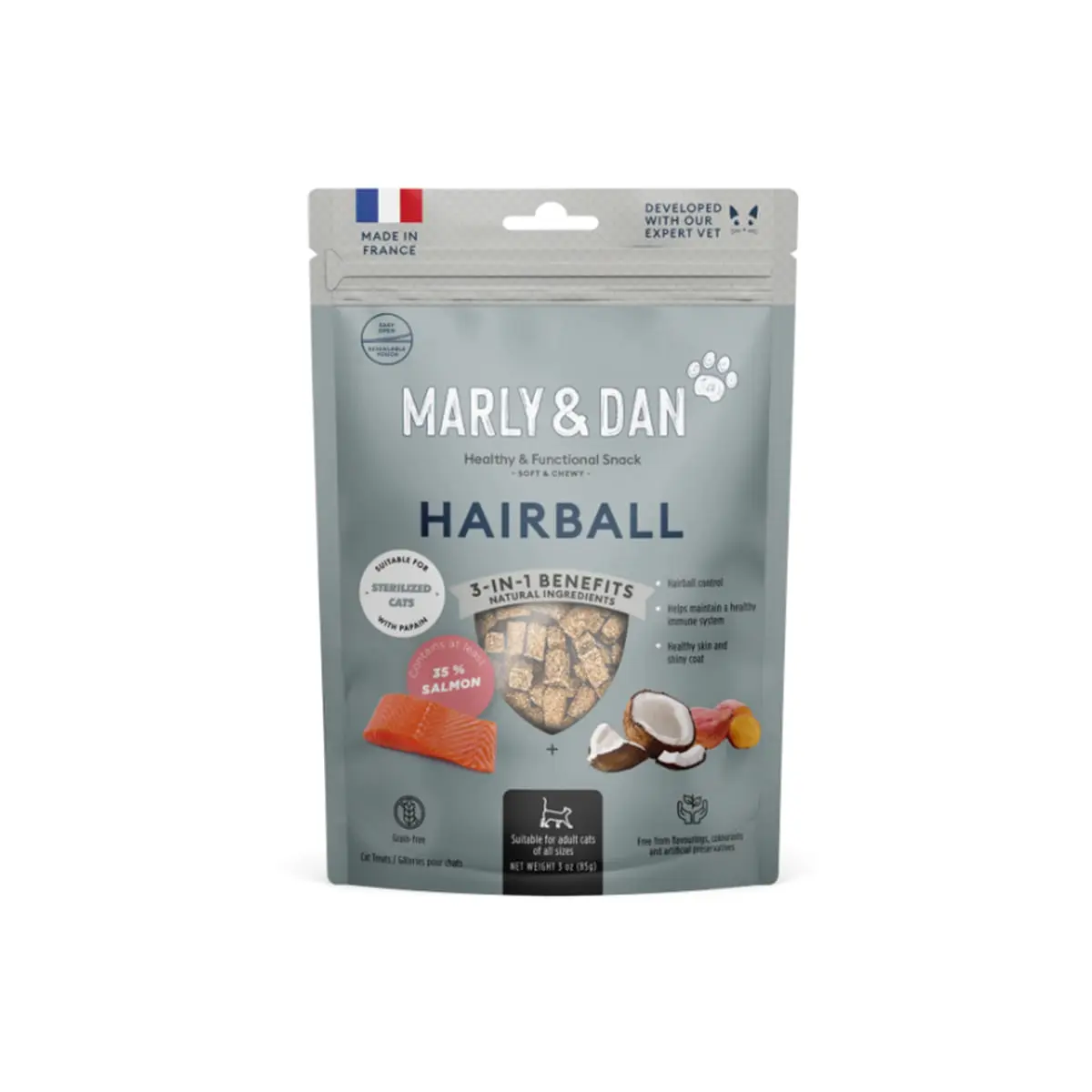 MARLY&DAN Hairball, Somon, punguta recompense functionale fara cereale pisici sterilizate, limitarea ghemurilor de blana, 40g
