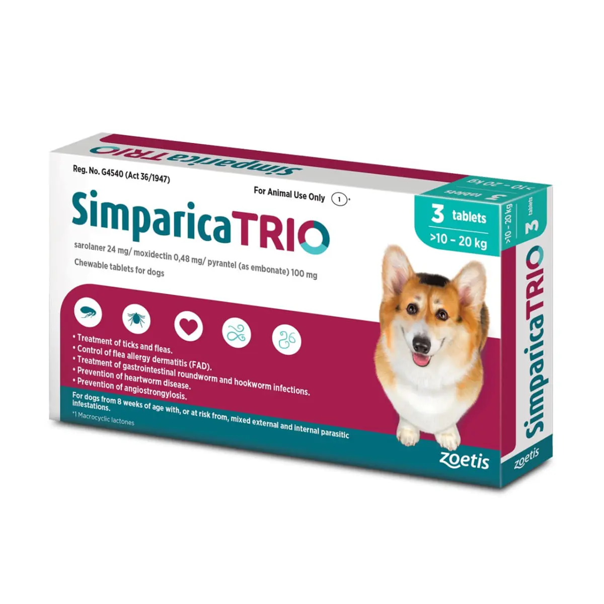SIMPARICA Trio, deparazitare externa si interna caini, comprimate masticabile SIMPARICA Trio, deparazitare externa si interna caini, S-M(10-20kg), comprimate masticabile, 24mg x 3buc - Image 2
