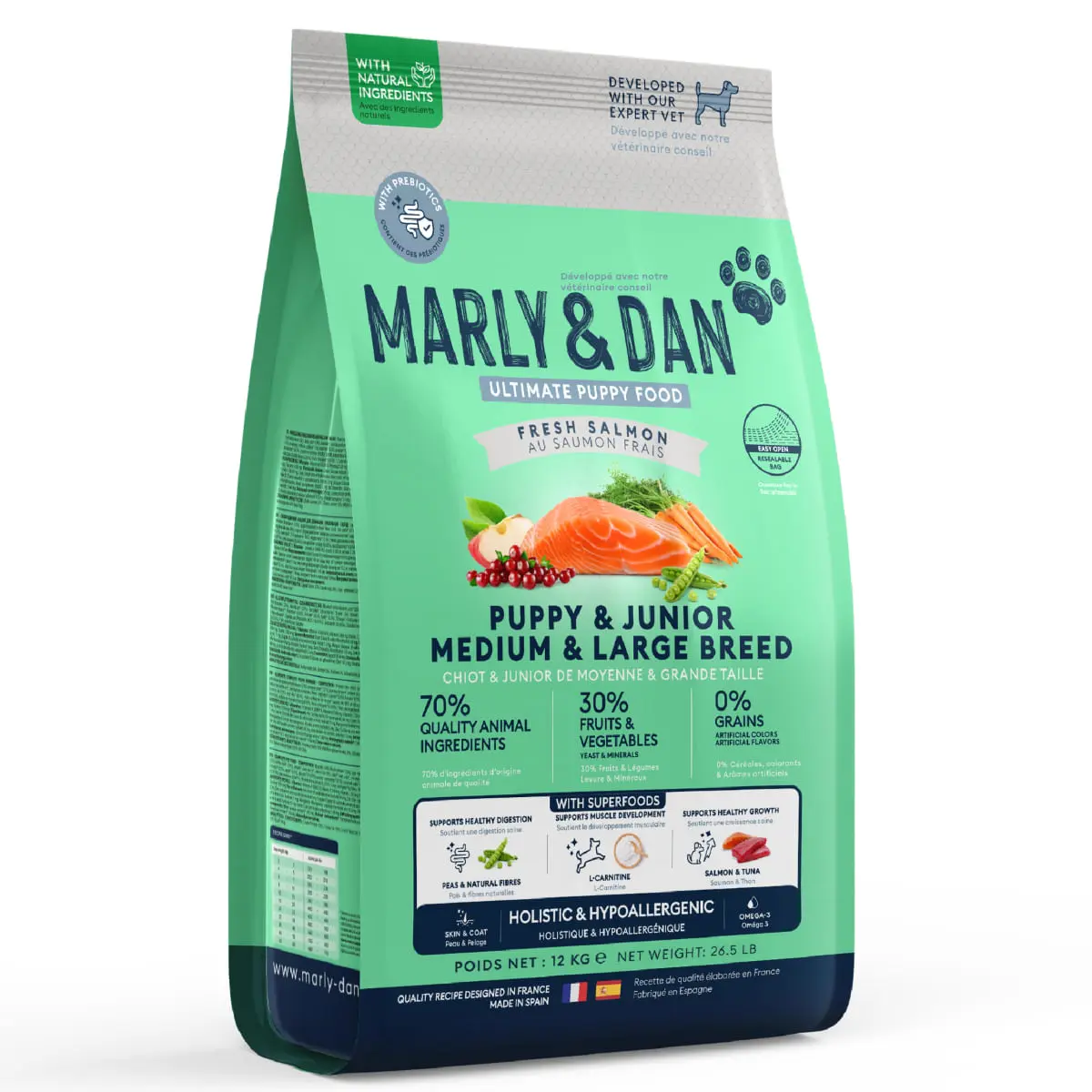 MARLY&DAN Puppy&Junior Medium&Large Breed, M-XL, Somon, hrana uscata fara cereale caini junior, 12kg - Image 2