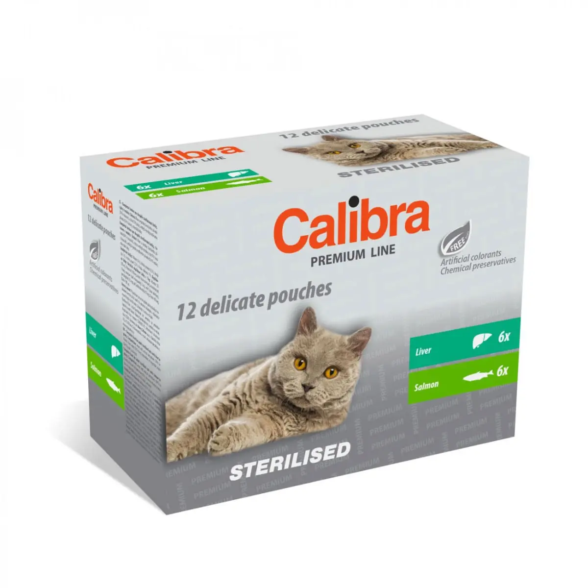 CALIBRA Premium Line Sterilised, Ficat si Somon, plic hrana umeda pisici sterilizate, (in sos), multipack, 100g x 12buc