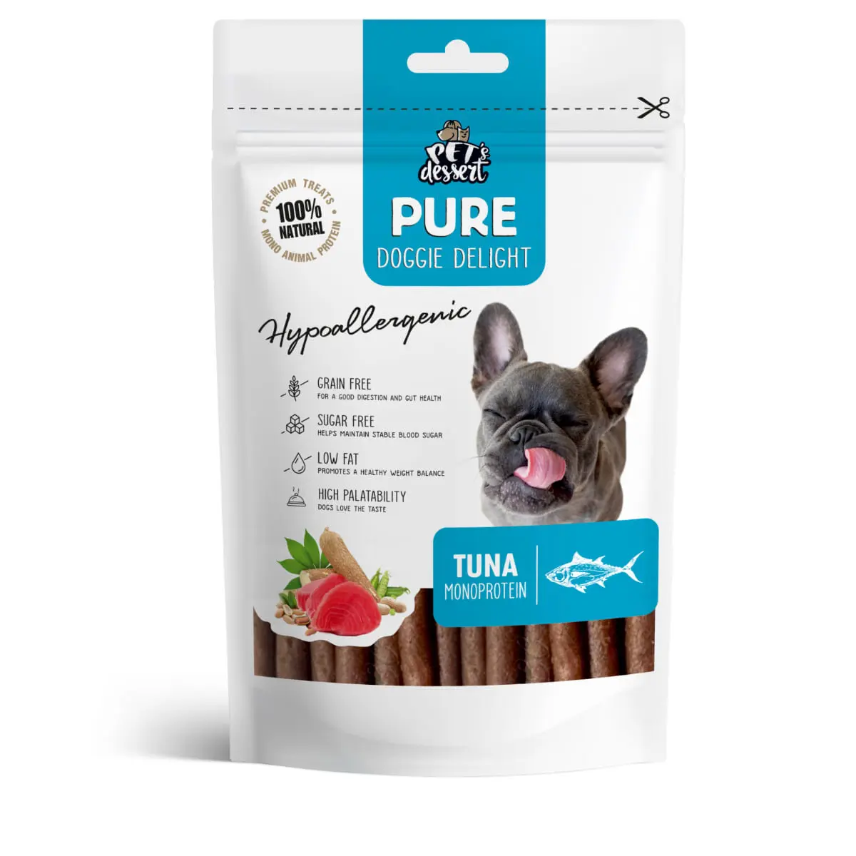 PET'S DESSERT Pure Doggie Delight Hypoallergenic, XS-XL, Ton, punguta recompense monoproteice fara cereale caini, alergii, 80g
