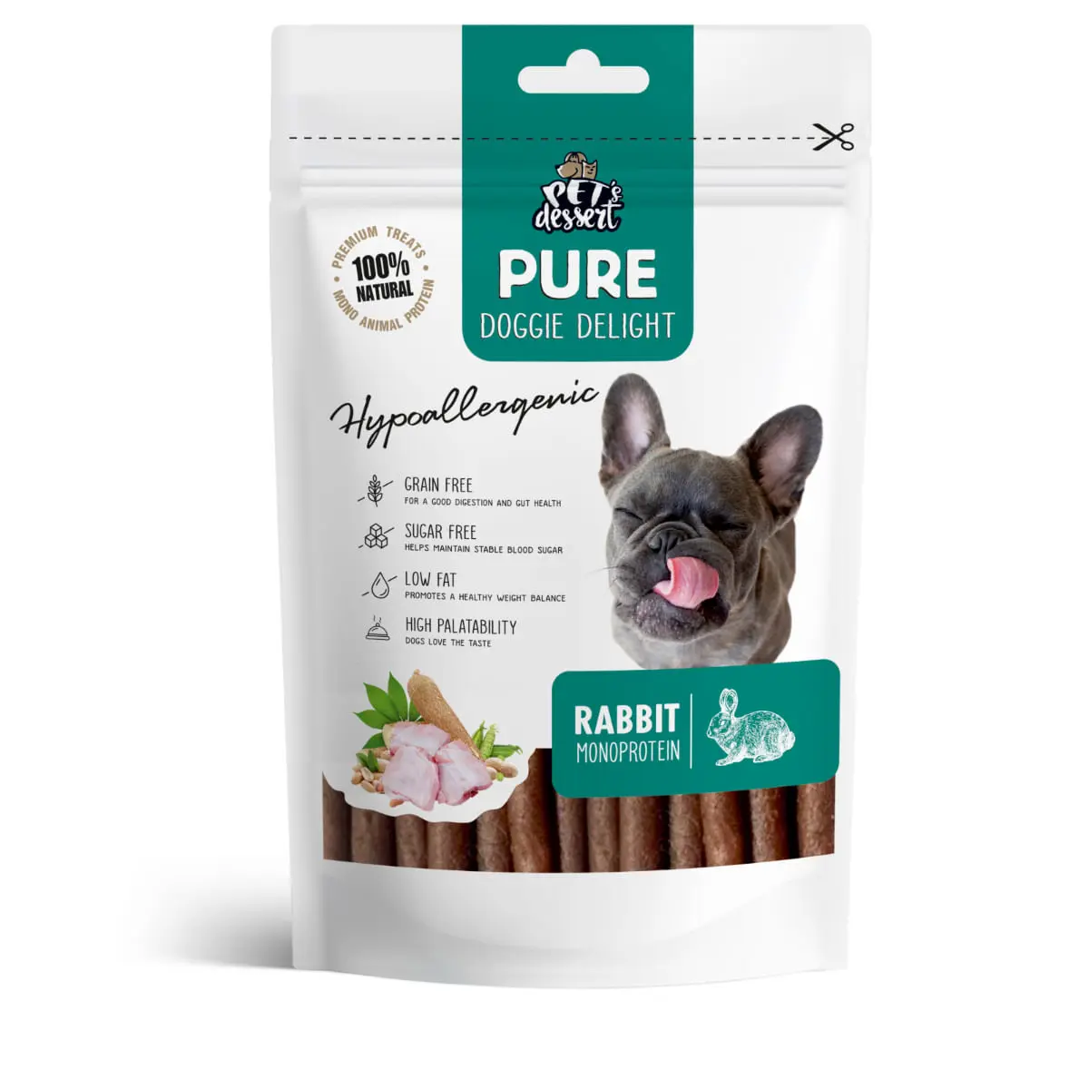 PET'S DESSERT Pure Doggie Delight Hypoallergenic, XS-XL, Iepure, punguta recompense monoproteice fara cereale caini, alergii, 80g - Image 2