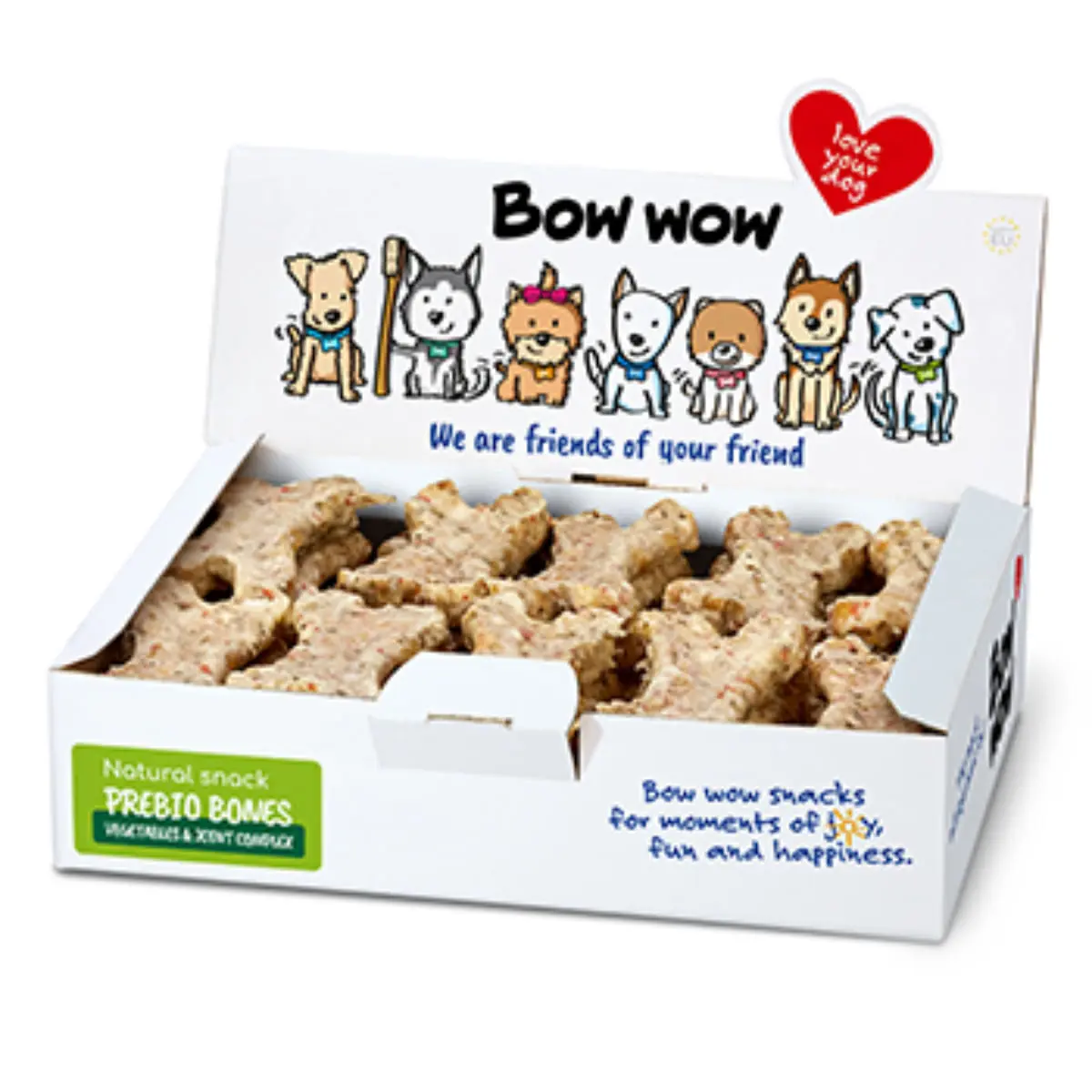 BOW WOW Natural Os Condroitina & Glucozamina XS-XL, Vita si Legume, cutie recompense fara cereale caini, sistem articular, 650g