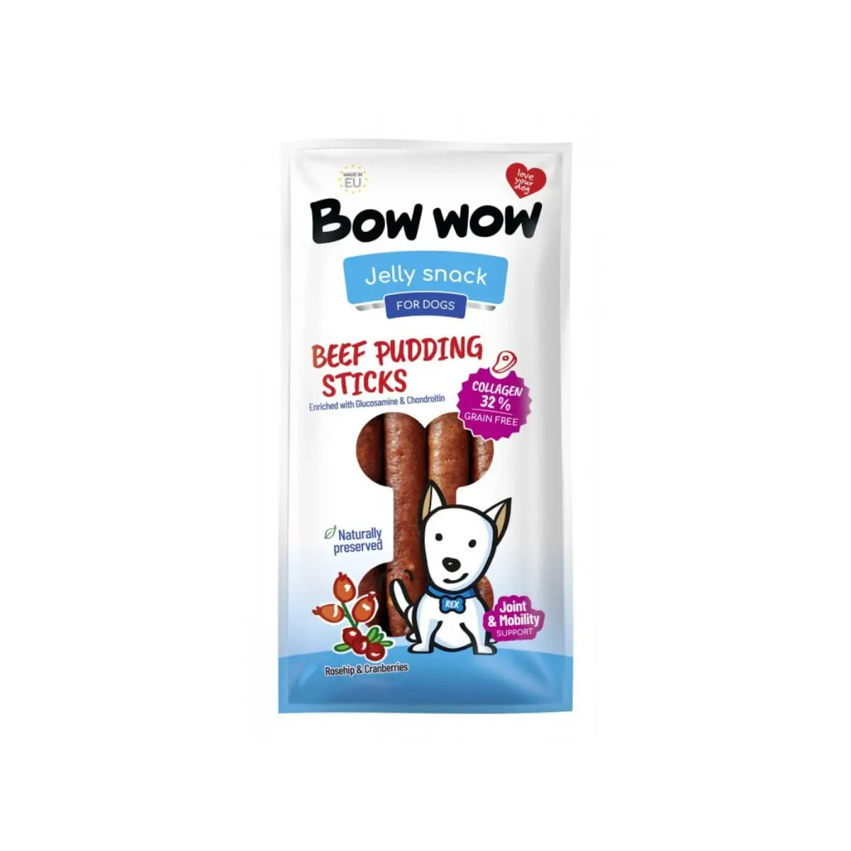 BOW WOW Jelly Snacks Pudding Sticks Colagen Macese XS-XL, Vita si Merisoare, punguta recompense caini, 165g - Image 2