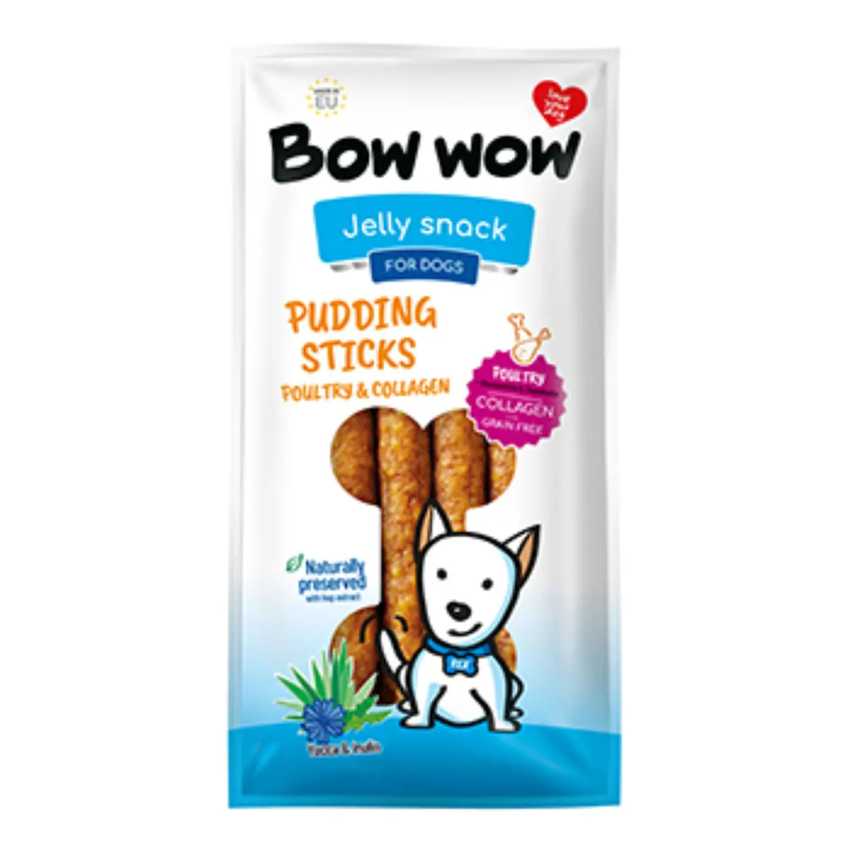 BOW WOW Jelly Snacks Pudding Sticks Colagen Yucca Inulina, XS-XL, Pui, punguta recompense caini, 165g