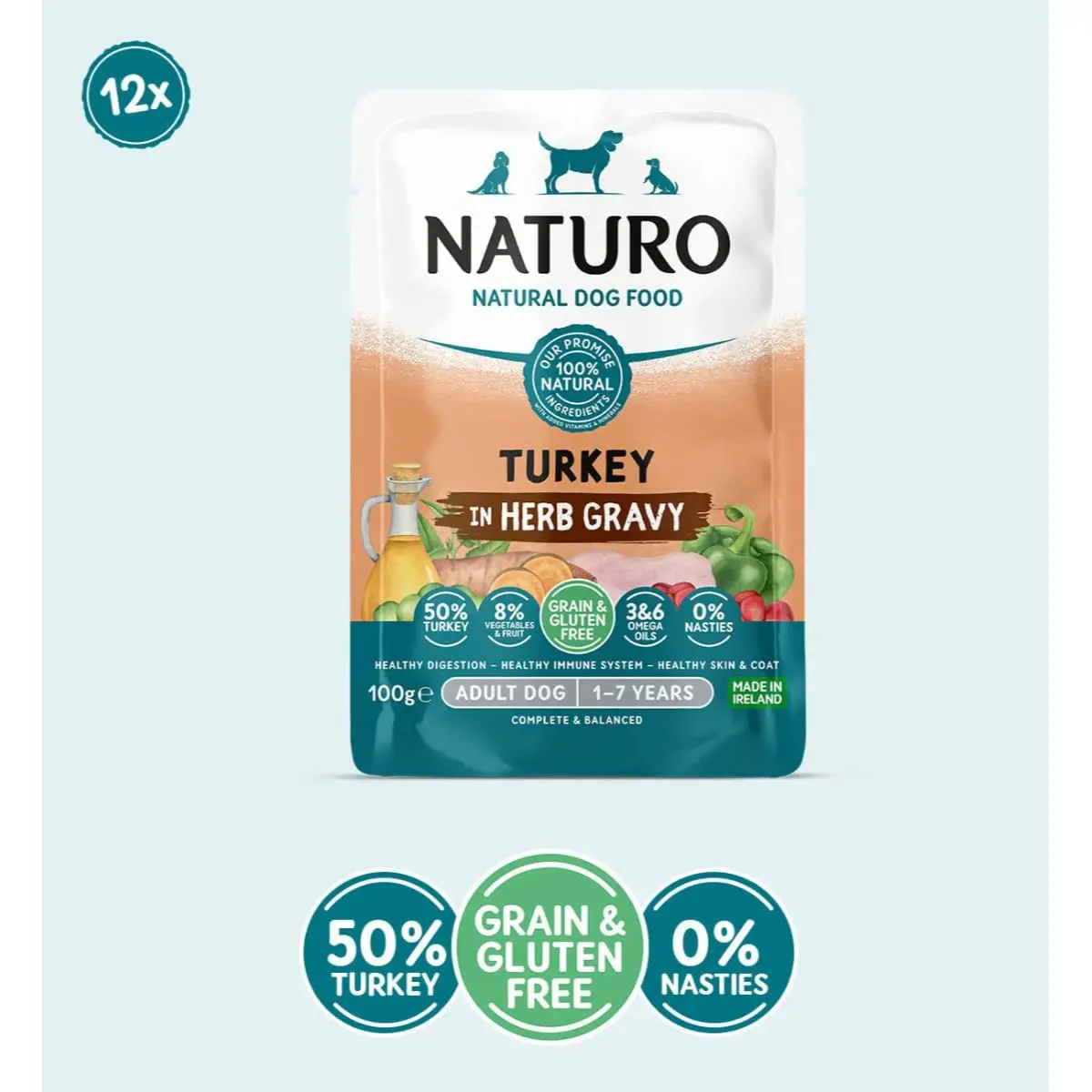 NATURO, XS-XL, Curcan, plic hrana umeda fara cereale caini (in sos), 100g