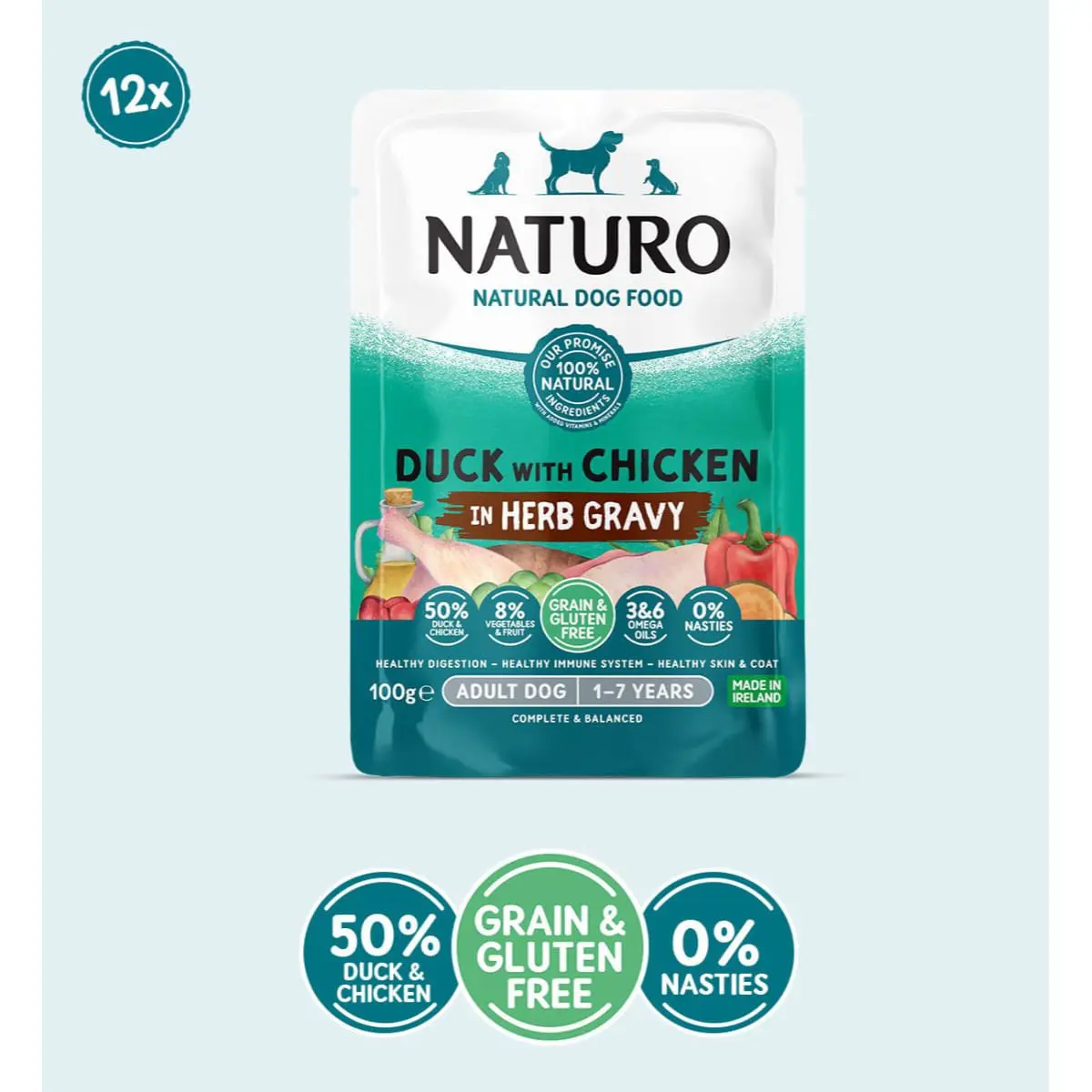 NATURO, XS-XL, Rata si Pui, plic hrana umeda fara cereale caini (in sos), 100g