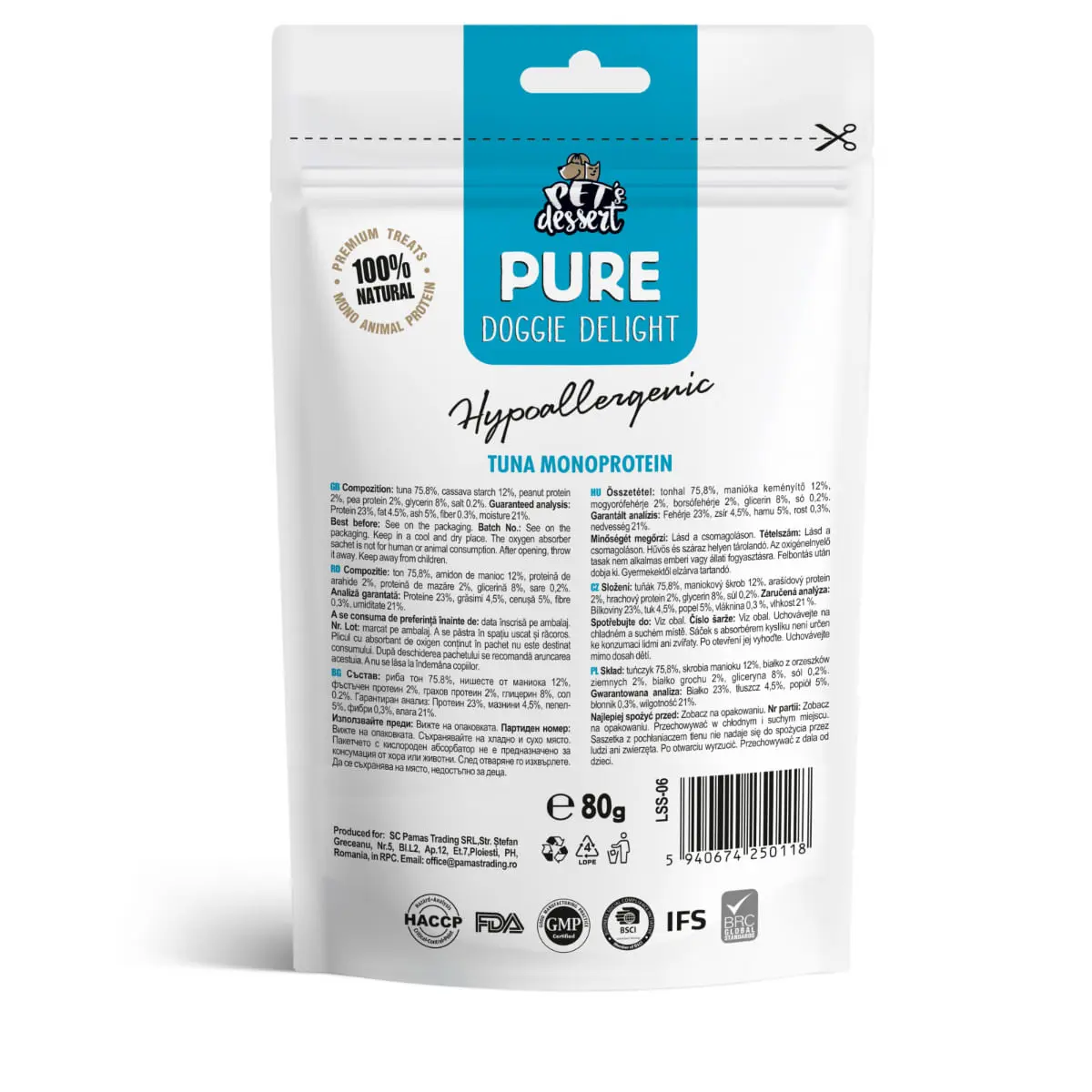 PET'S DESSERT Pure Doggie Delight Hypoallergenic, XS-XL, Ton, punguta recompense monoproteice fara cereale caini, alergii, 80g - Image 3