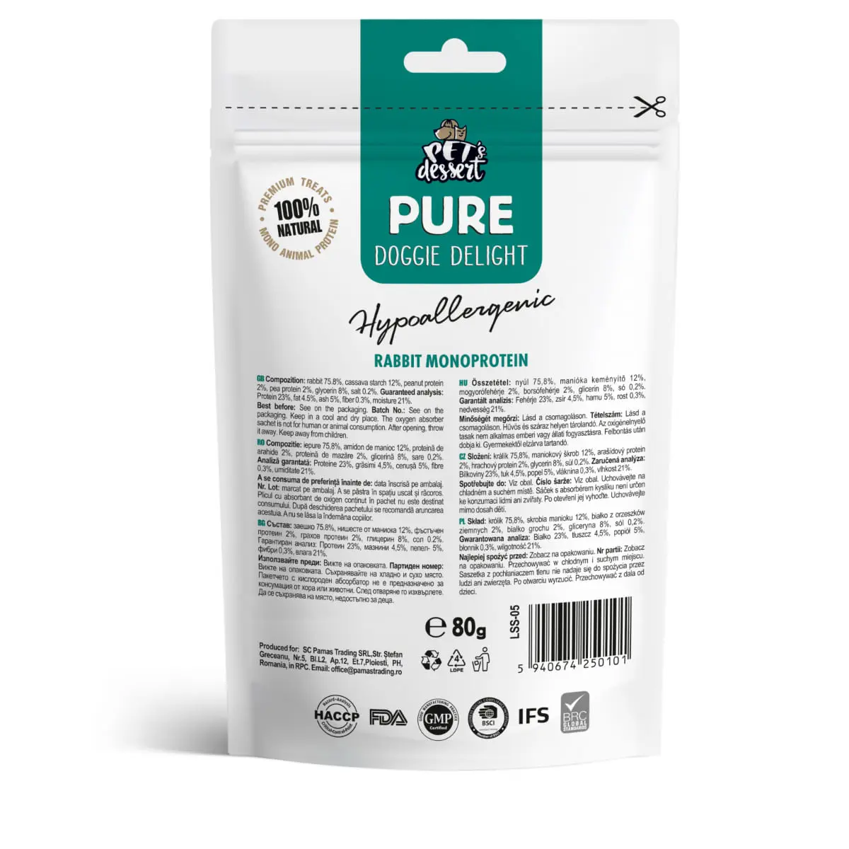 PET'S DESSERT Pure Doggie Delight Hypoallergenic, XS-XL, Iepure, punguta recompense monoproteice fara cereale caini, alergii, 80g - Image 3