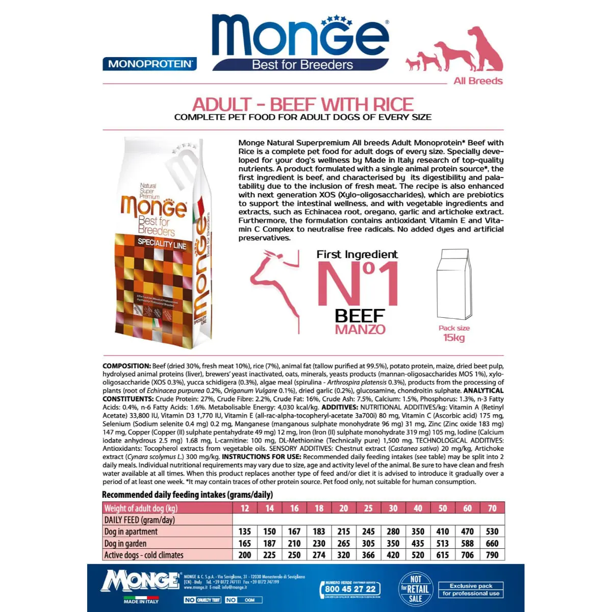 MONGE Best for Breeders, XS-XL, Vita si Orez, hrana uscata caini, 15kg - Image 3