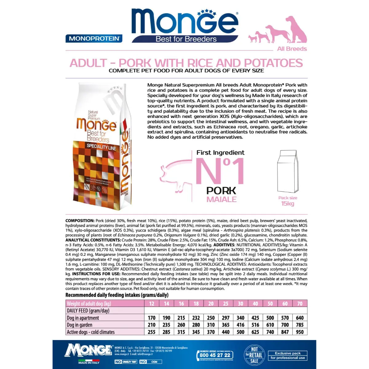 MONGE Best for Breeders, XS-XL, Porc si Orez, hrana uscata caini, 15kg - Image 3