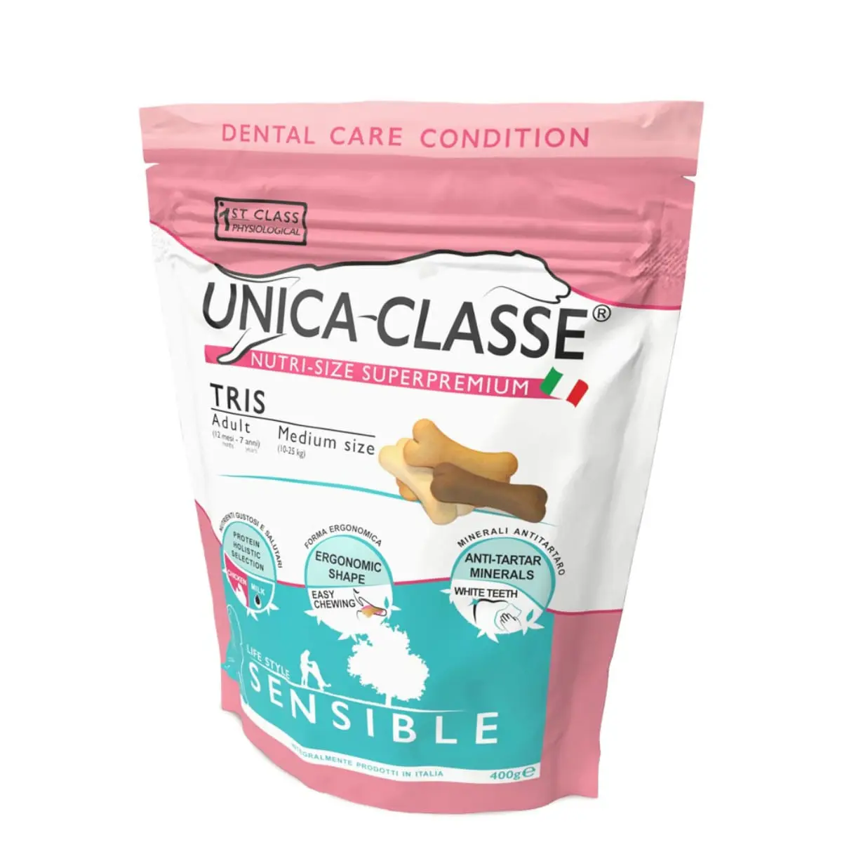 UNICA Classe Tris, M, Pui si Miel, punguta recompense functionale caini, sensibilitati dentare, 400g