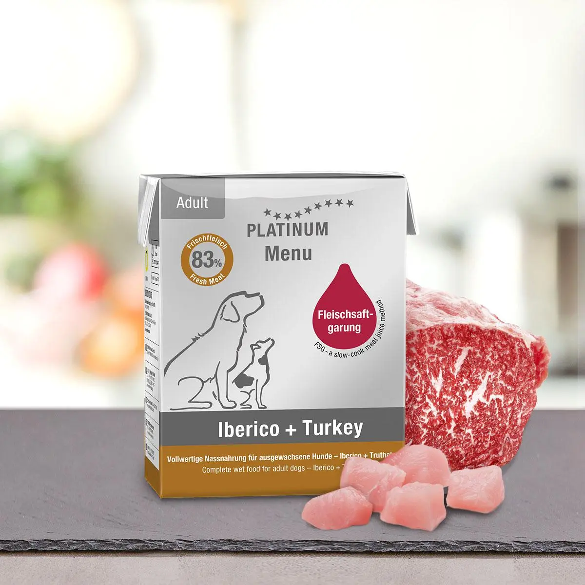 PLATINUM, XS-XL, Iberico si Curcan, tetra pack hrana umeda fara cereale caini, (in suc propriu), 185g