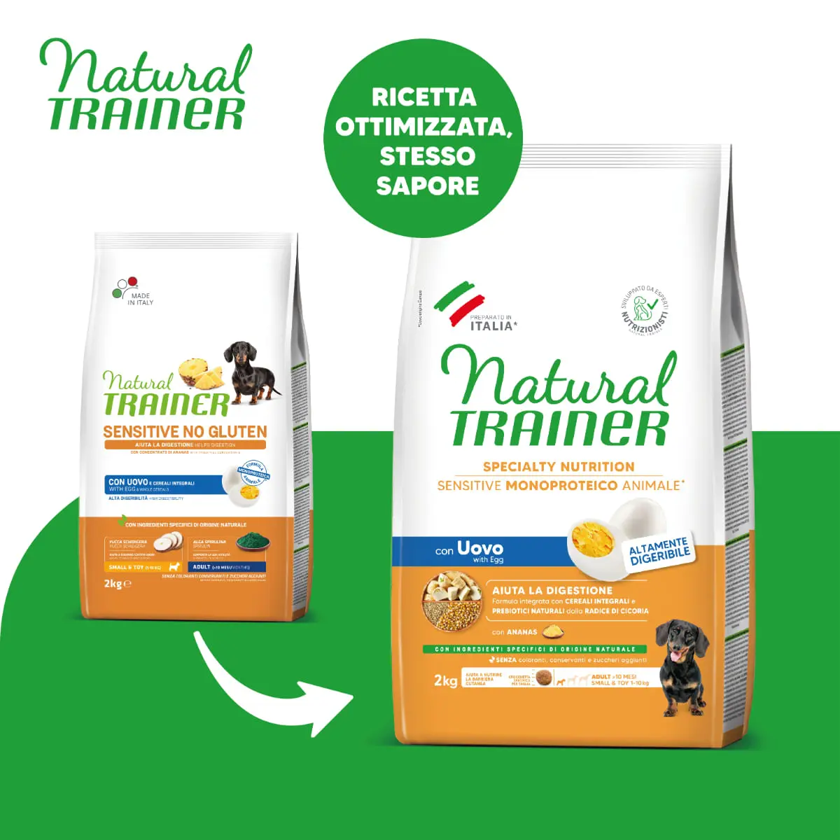 NATURAL TRAINER Speciality Nutrition Sensitive, XS-S, Ou, hrana uscata monoproteica caini, sistem digestiv, 2kg