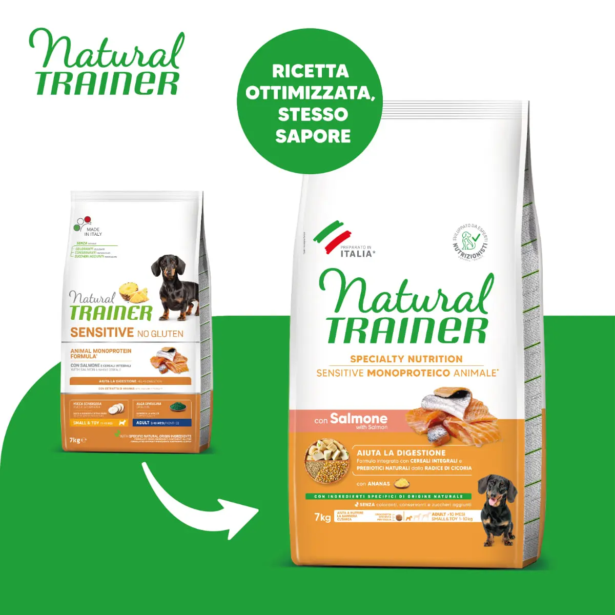 NATURAL TRAINER Speciality Nutrition Sensitive, XS-S, Somon, hrana uscata monoproteica caini, sistem digestiv, 7kg