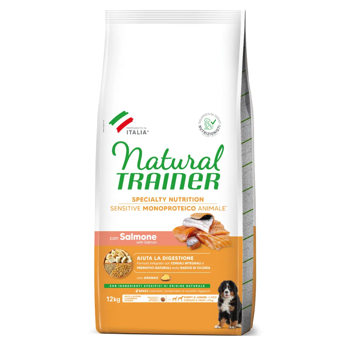 NATURAL TRAINER Speciality Nutrition Sensitive Puppy & Junior, M-XL, Somon, hrana uscata monoproteica caini junior, sistem digestiv, 12kg - Image 2
