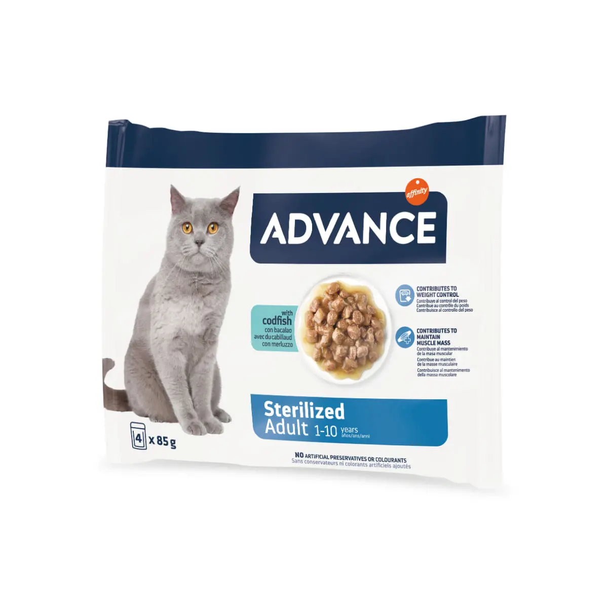 ADVANCE Sterilised, Cod, plic hrana umeda pisici sterilizate, (in sos), multipack, 85g x 4buc