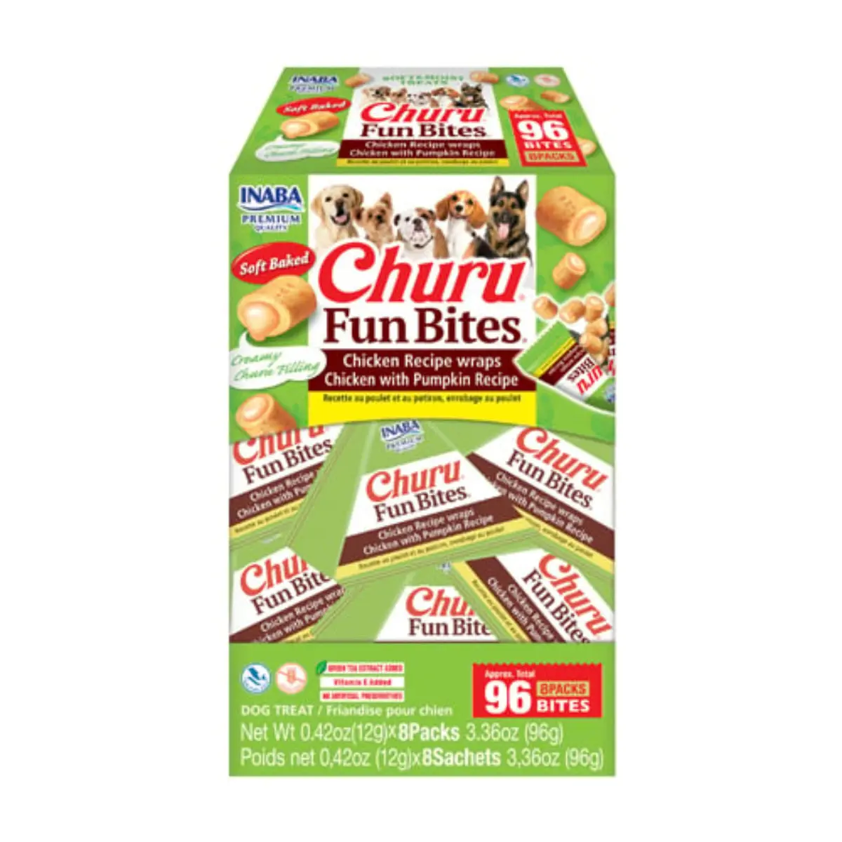 INABA Churu Fun Bites, XS-XL, Pui si dovleac, cutie recompense fara cereale caini, 96g