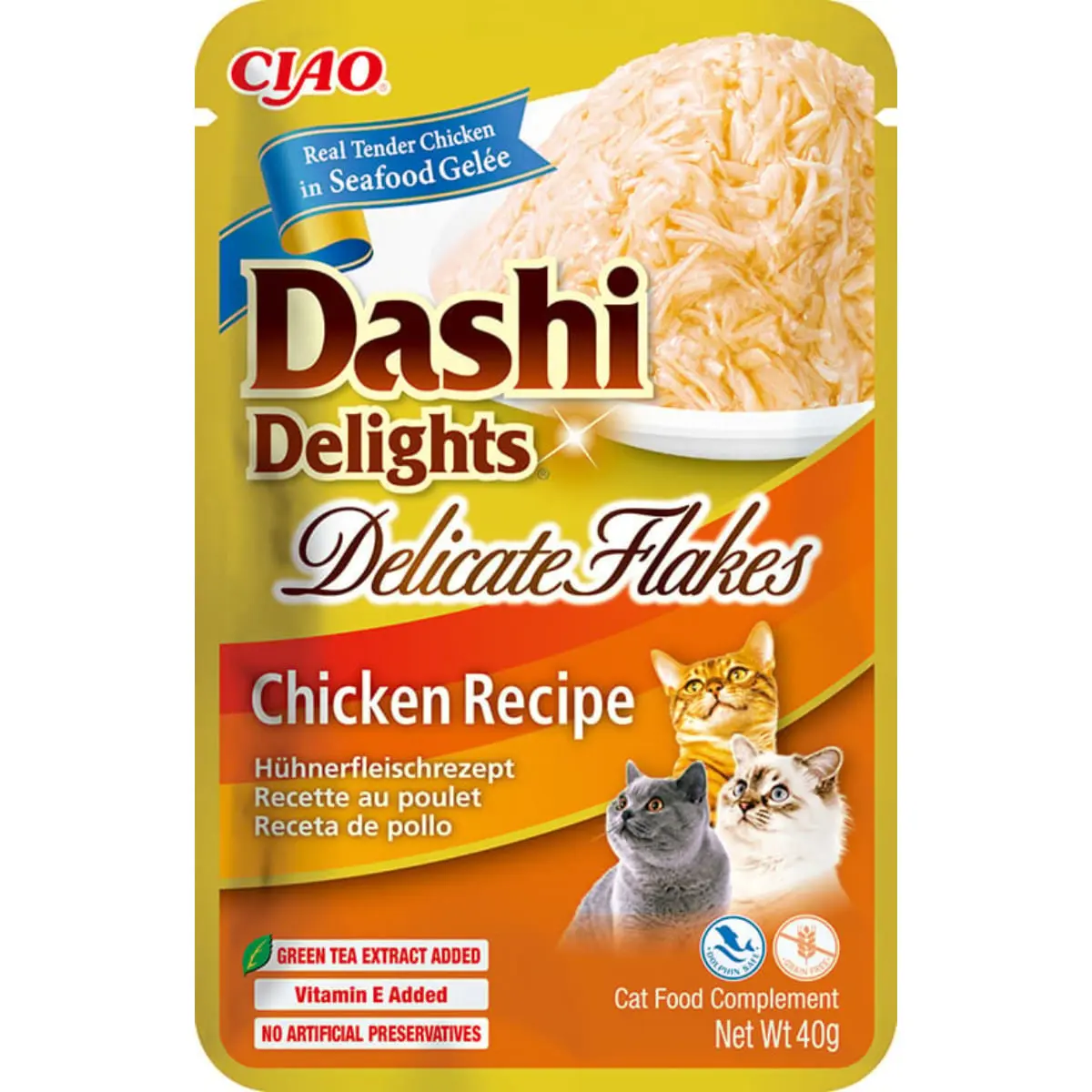 INABA Churu Dashi Delights Delicate Flakes, Pui, plic hrana umeda fara cereale pisici, (topping), 40g