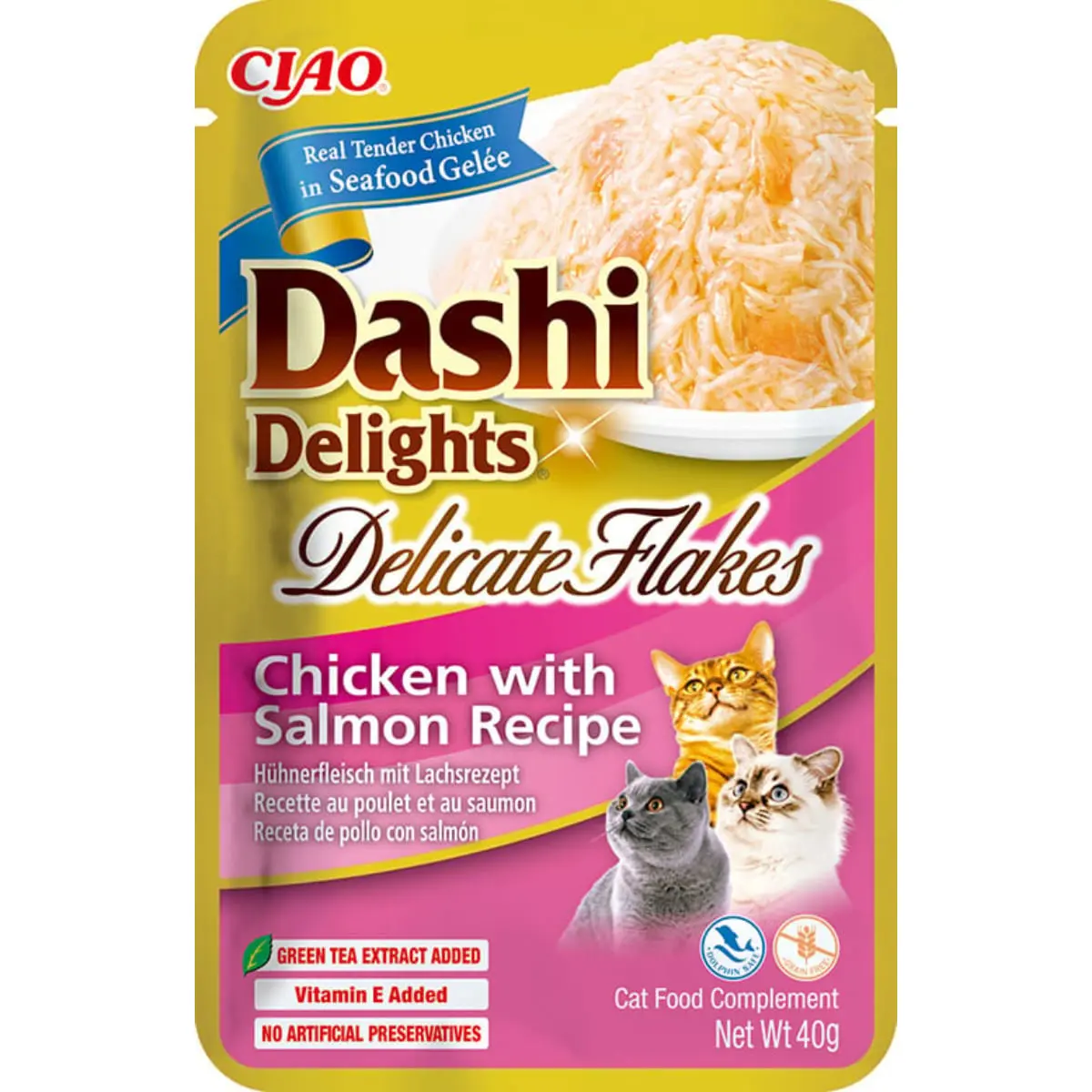 INABA Churu Dashi Delights Delicate Flakes, Pui si Somon, plic hrana umeda fara cereale pisici, (topping), 40g