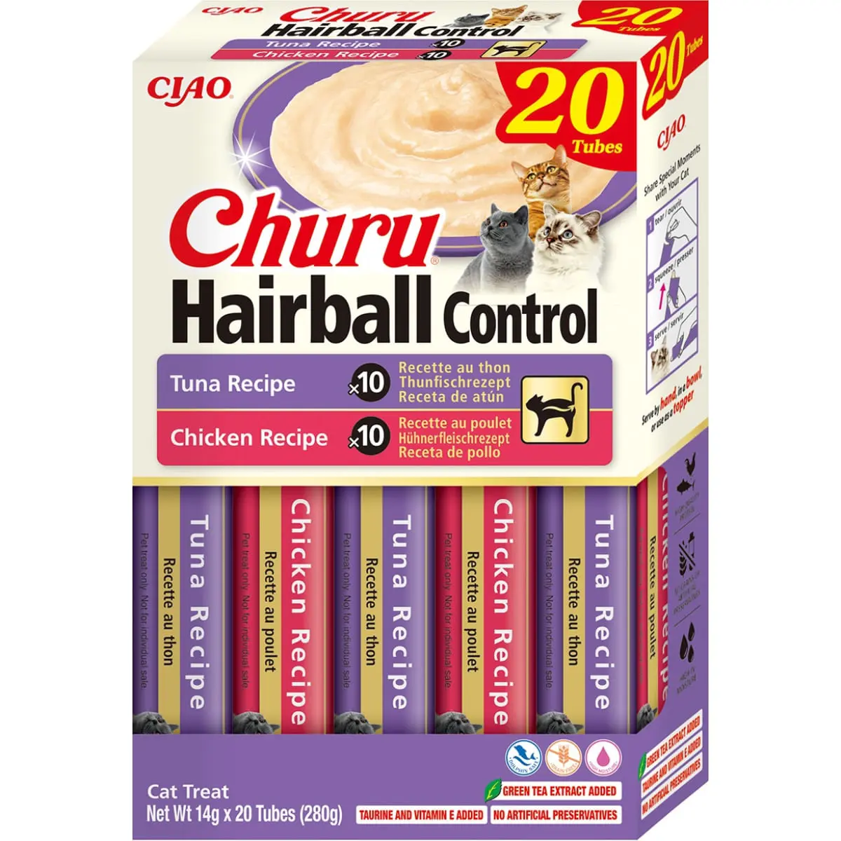 INABA Churu Hairball Control Varieties, Pui si Ton, cutie recompense fara cereale pisici, limitarea ghemurilor de blana, (piure), 280g - Image 2