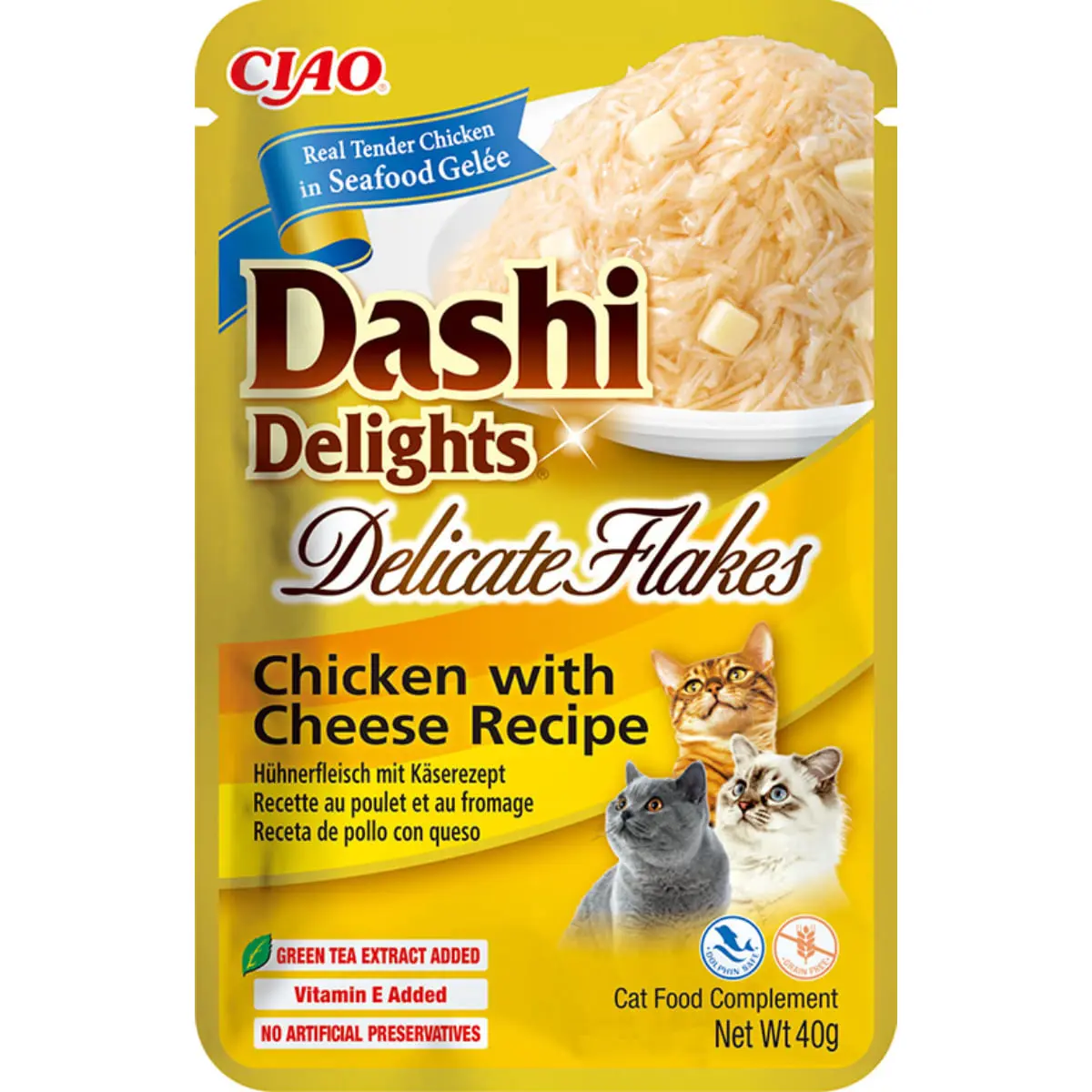 INABA Churu Dashi Delights Delicate Flakes, Pui si Branza, plic hrana umeda fara cereale pisici, (topping), 40g