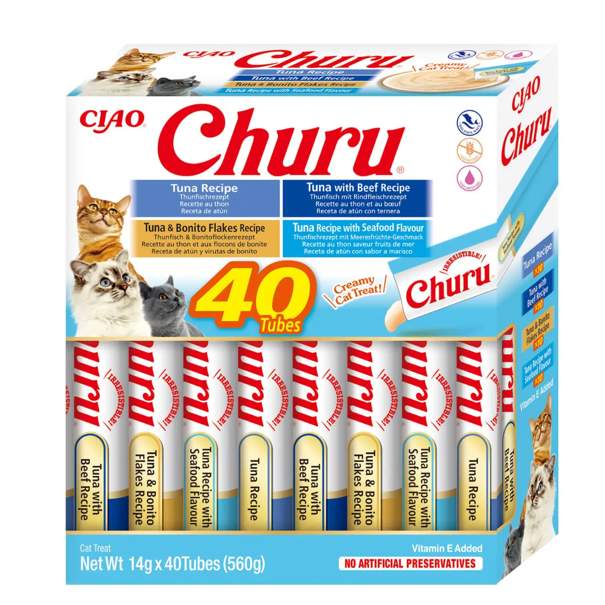 INABA Churu Creamy Varieties, Ton, cutie recompense fara cereale pisici, (piure), 560g