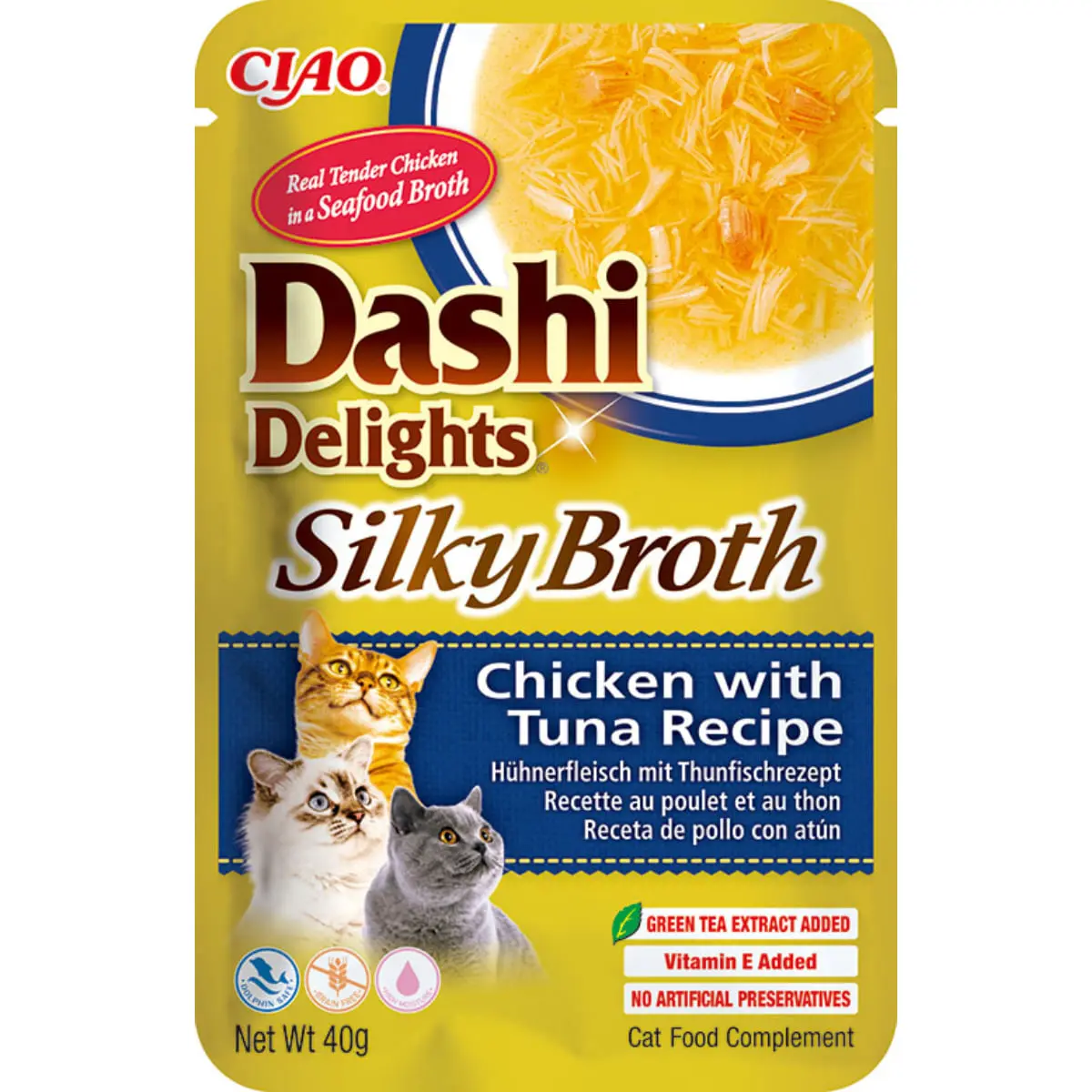 INABA Churu Dashi Delights Silky Broth, Pui si Ton, plic hrana umeda fara cereale pisici, (topping), 40g