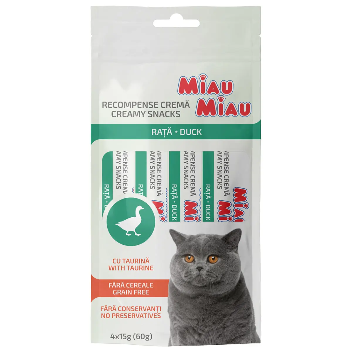 MIAU MIAU Creamy Snacks, Rata, recompense fara cereale pisici, (piure), 60g