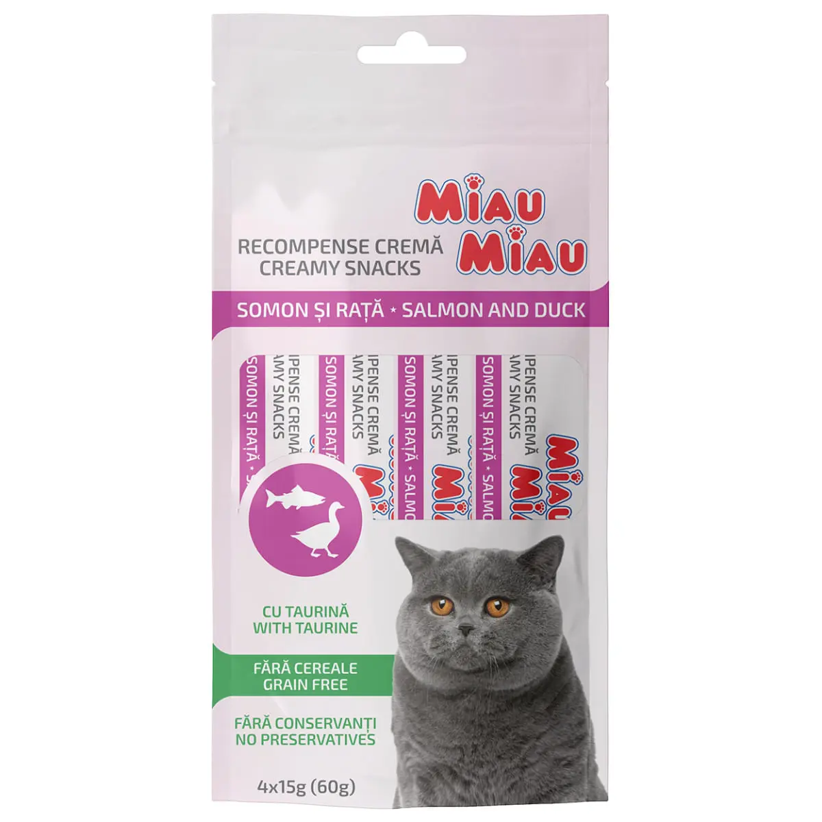 MIAU MIAU Creamy Snacks, Somon si Rata, recompense fara cereale pisici, (piure), 60g - Image 2