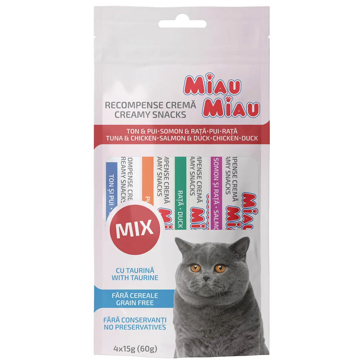 MIAU MIAU Creamy Snacks Mix Ton, Pui, Somon si Rata, recompense fara cereale pisici, (piure), 60g - Image 2