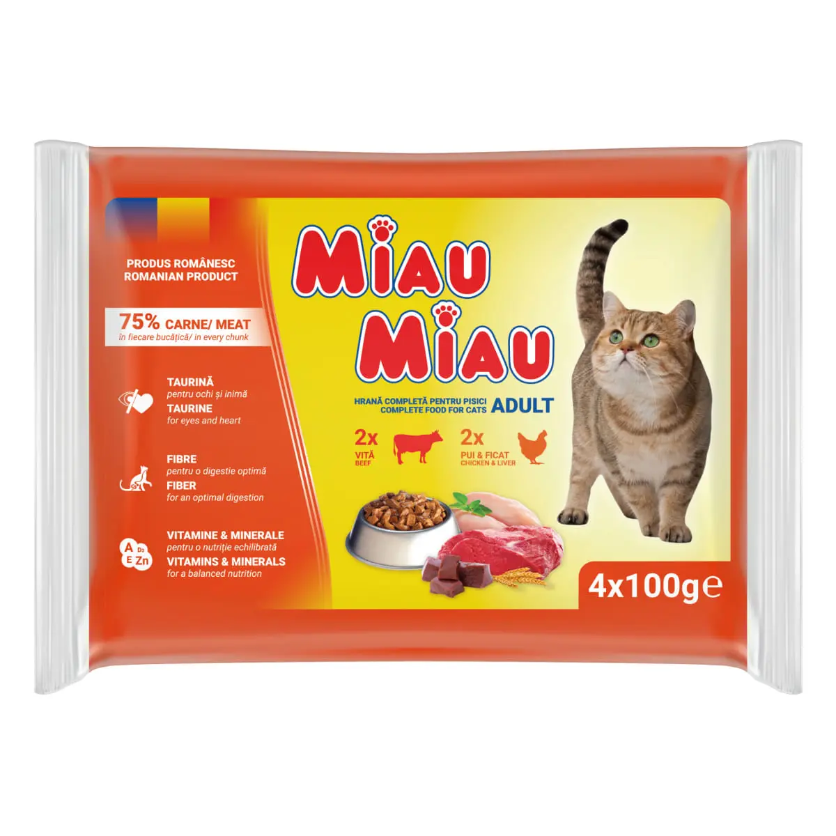 MIAU MIAU Mixt, Vita si Pui, plic hrana umeda pisici, (in sos), multipack, 100g x 4buc