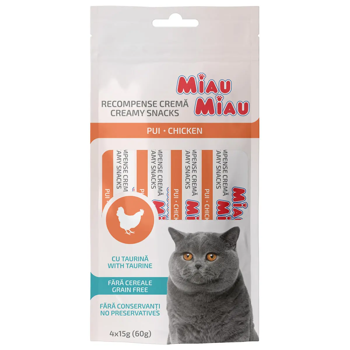 MIAU MIAU Creamy Snacks, Pui, recompense fara cereale pisici, (piure), 60g - Image 2