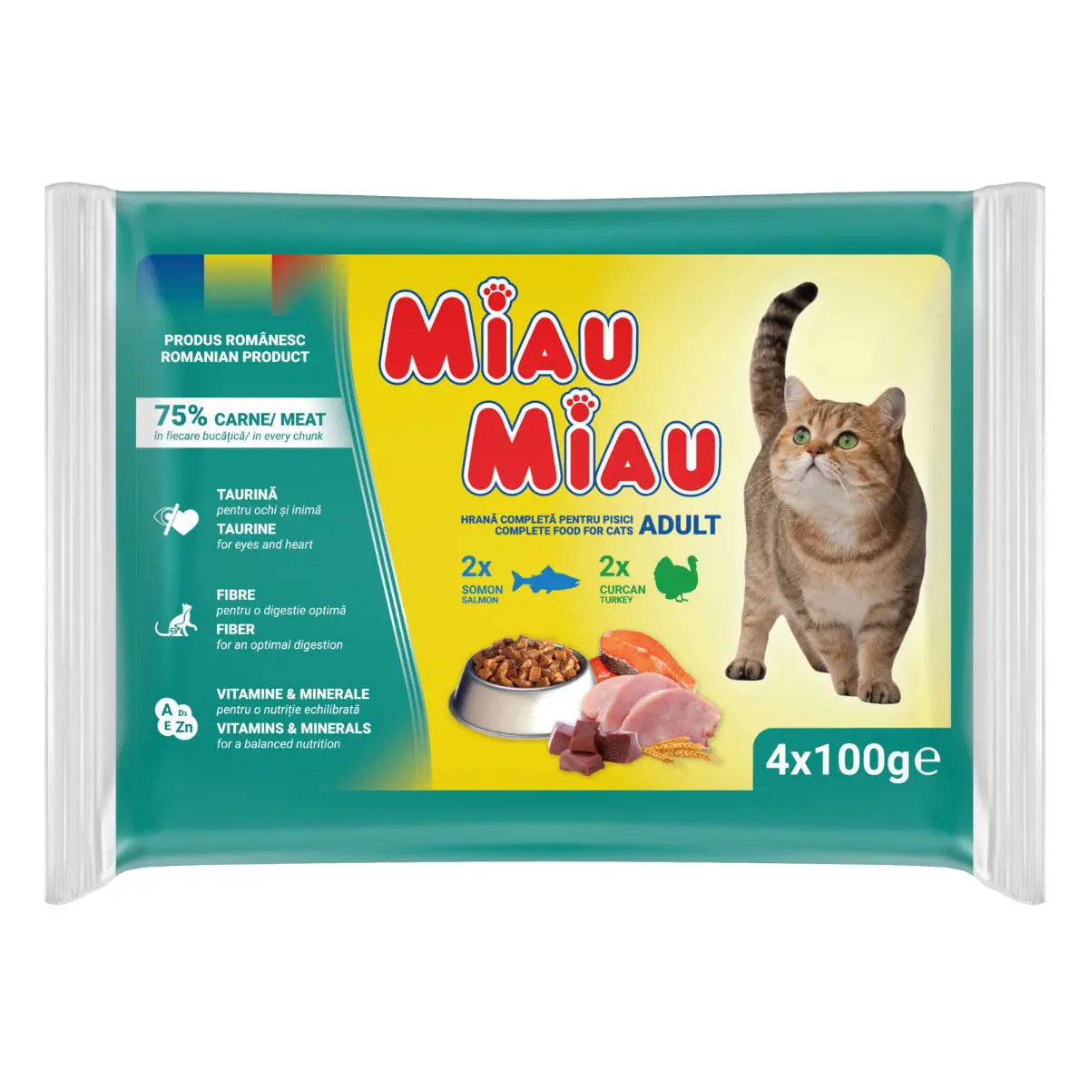 MIAU MIAU Mixt, Curcan si Somon, plic hrana umeda pisici, (in sos), multipack, 100g x 4buc - Image 2