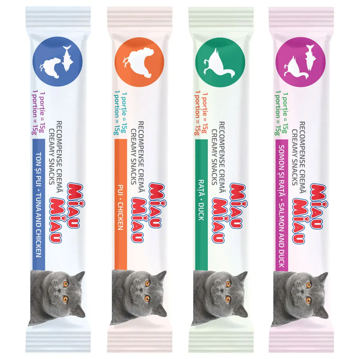 MIAU MIAU Creamy Snacks Mix Ton, Pui, Somon si Rata, recompense fara cereale pisici, (piure), 60g - Image 3