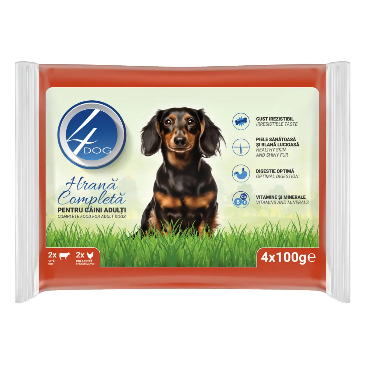 4DOG Mixt, XS-XL, Pui si Vita, plic hrana umeda caini, (in sos), multipack, 100g x 4buc