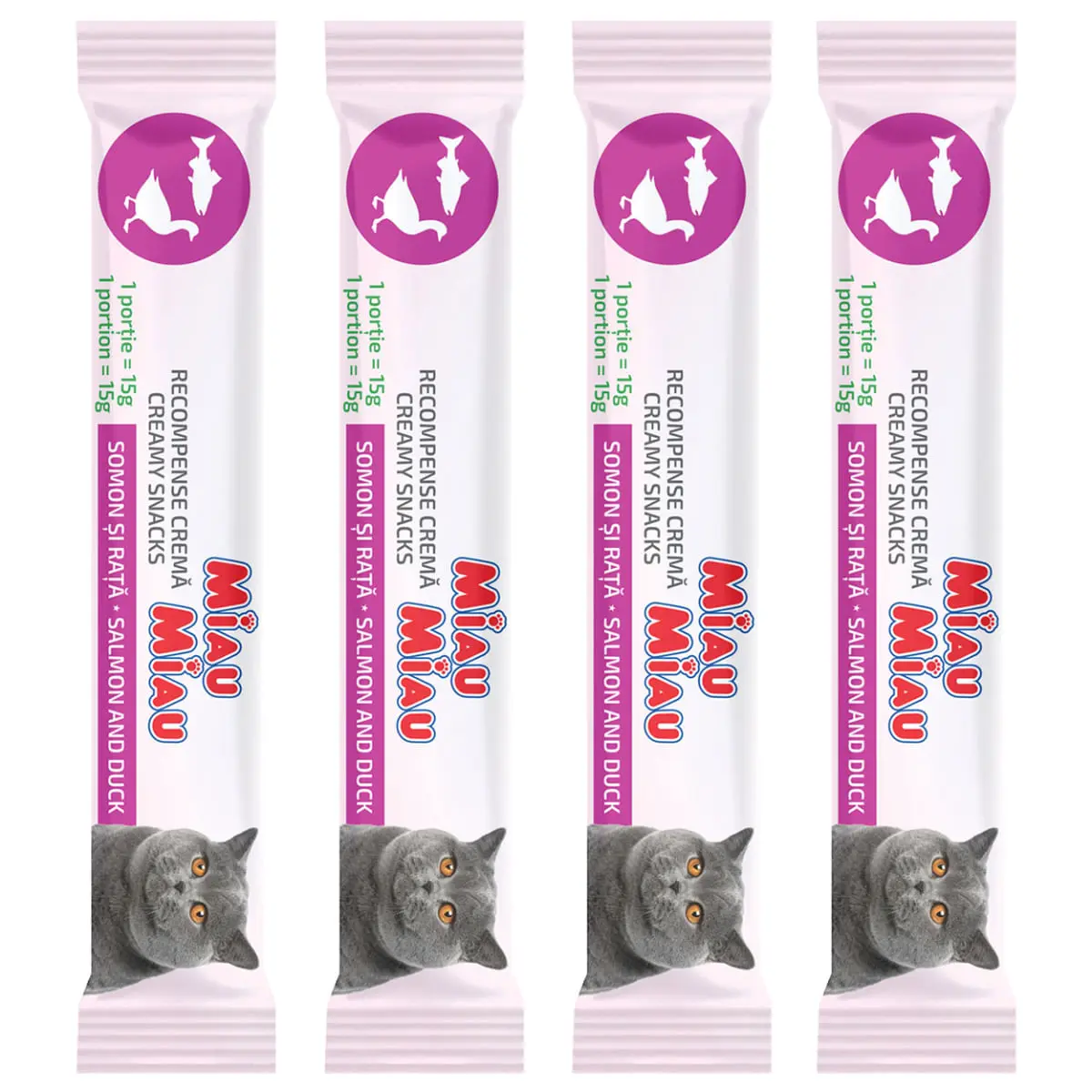 MIAU MIAU Creamy Snacks, Somon si Rata, recompense fara cereale pisici, (piure), 60g - Image 3
