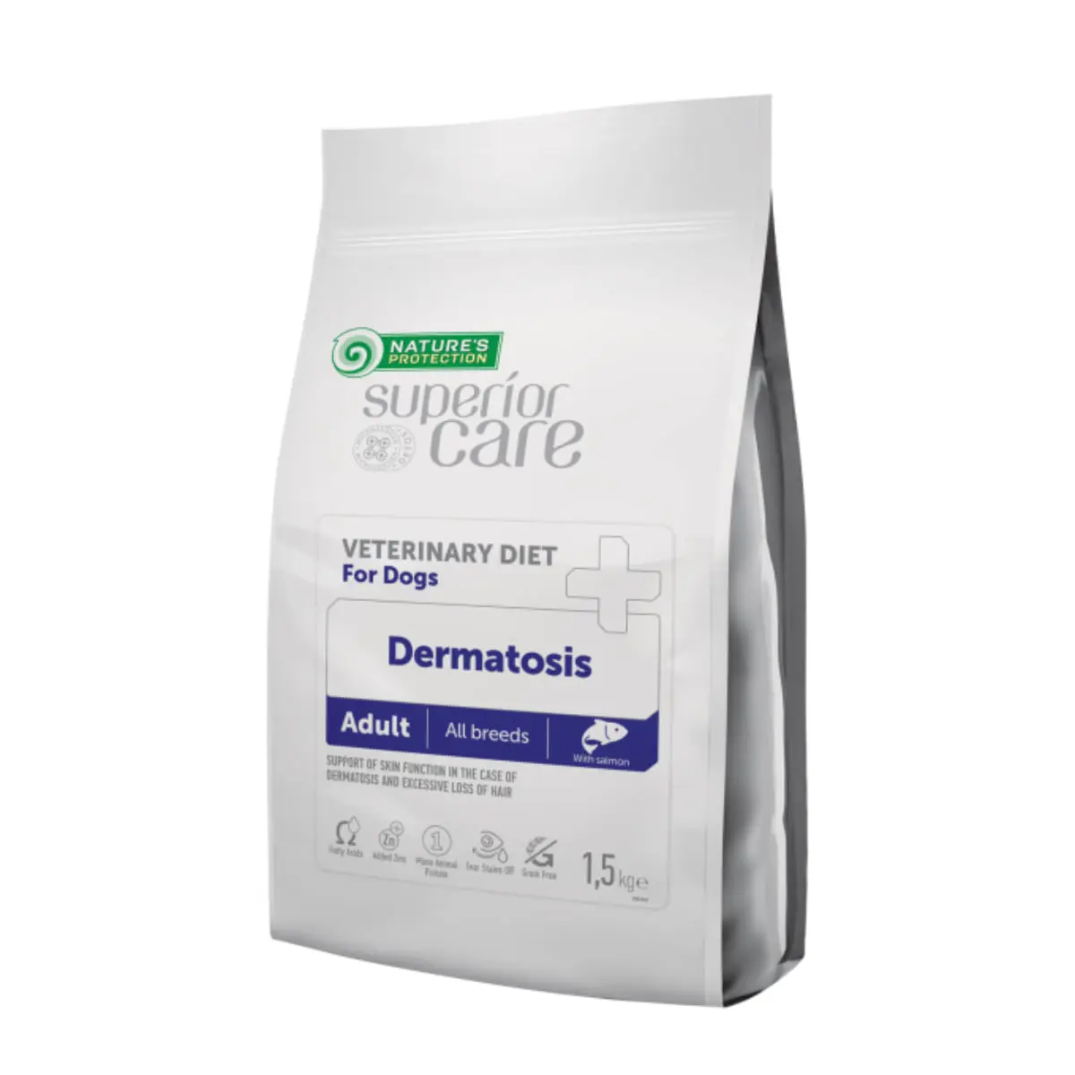 NATURES PROTECTION Superior Care Veterinary Diet Dermatosis, XS-XL, Somon, dieta veterinara, hrana uscata monoproteica caini, piele & blana, 1.5kg