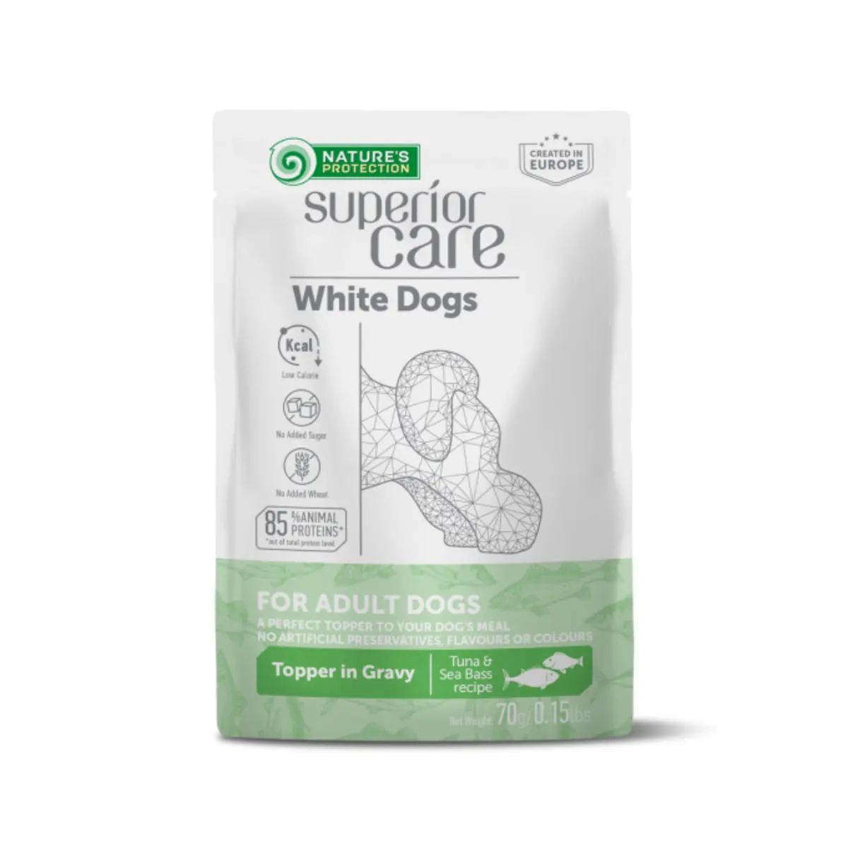 NATURES PROTECTION Superior Care White Dogs, XS-XL, Ton si Peste alb, plic hrana umeda caini, (topping), 70g