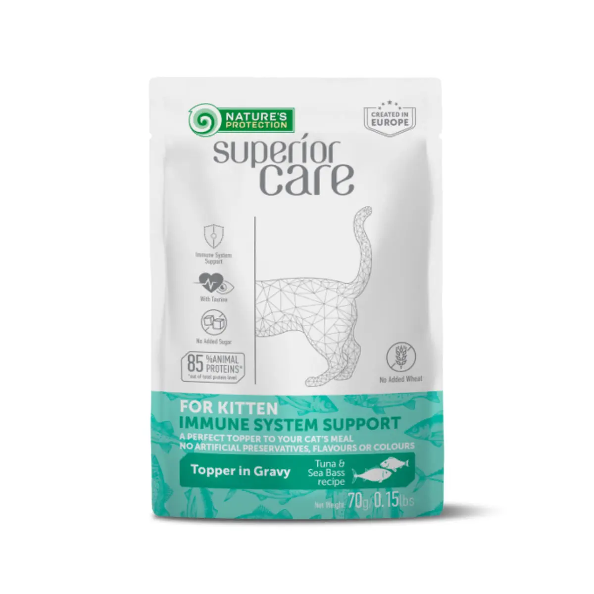 NATURES PROTECTION Superior Care Immune System, Ton si Salau, plic hrana umeda pisici junior, sistem imunitar, (topping), 70g